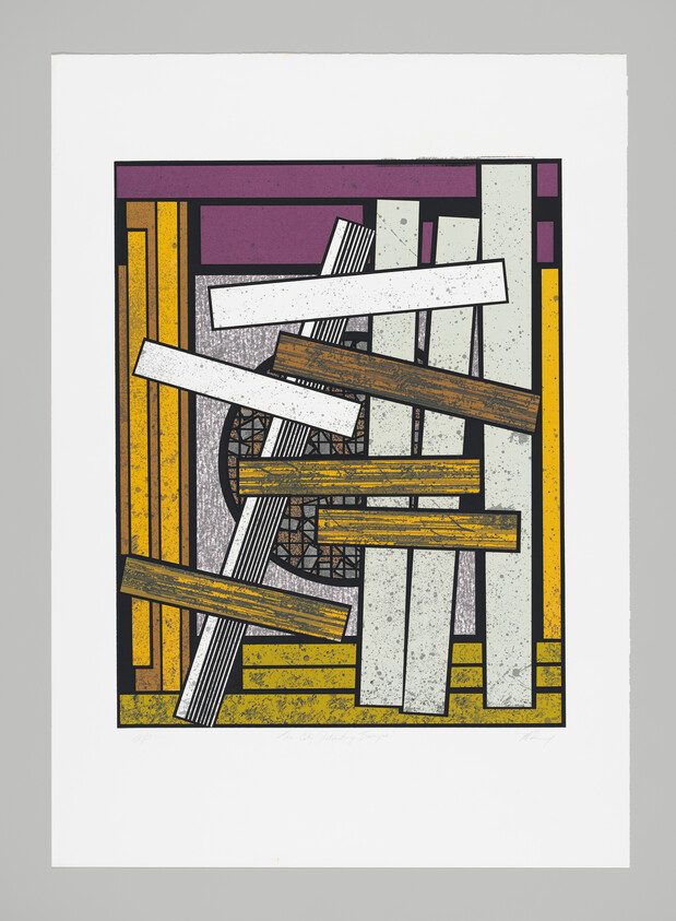 Abstract arrangement of overlapping colored planks and rectangles with wood and textured panels.