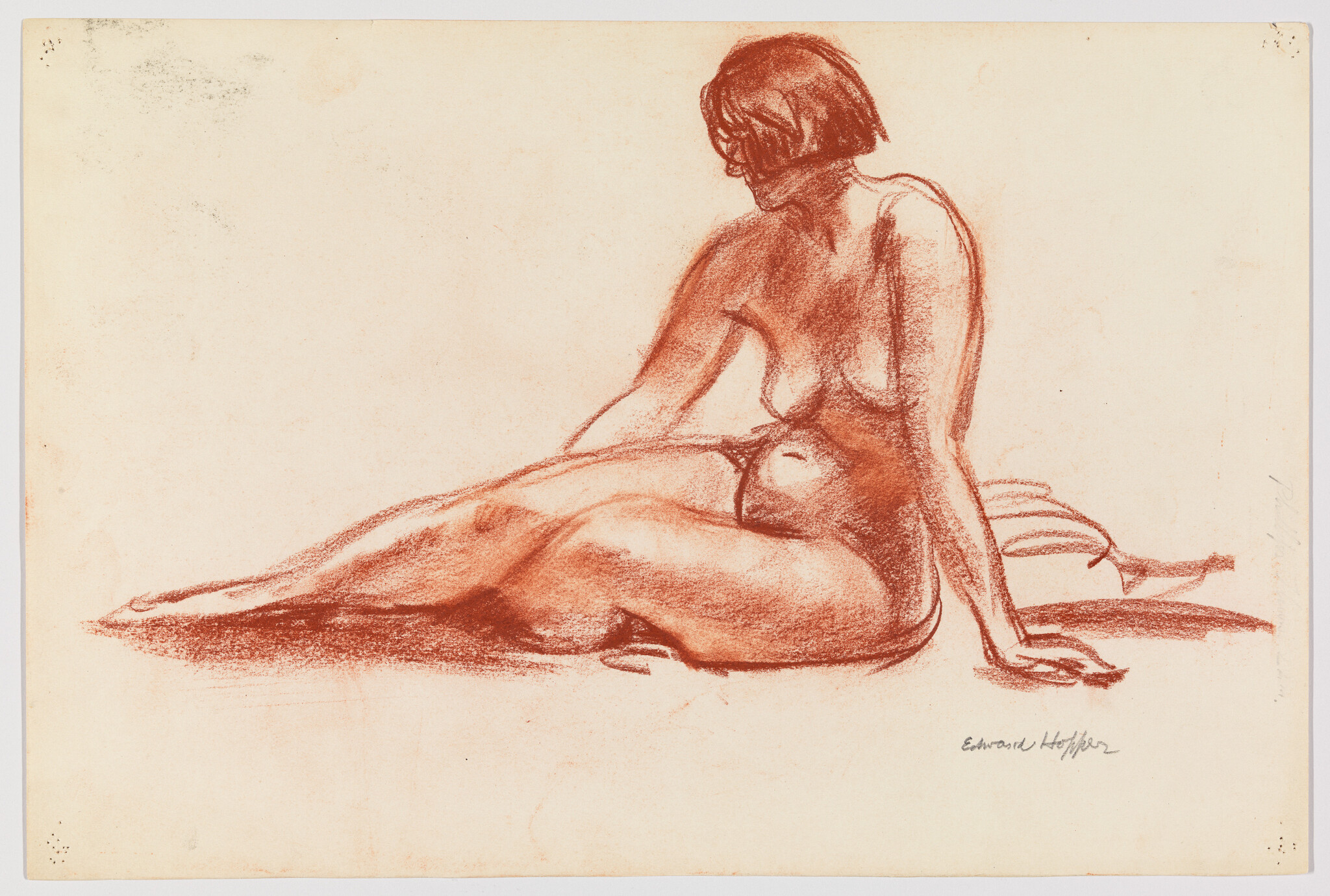 Nude woman seated on the floor, leaning back on one arm and looking to the right.