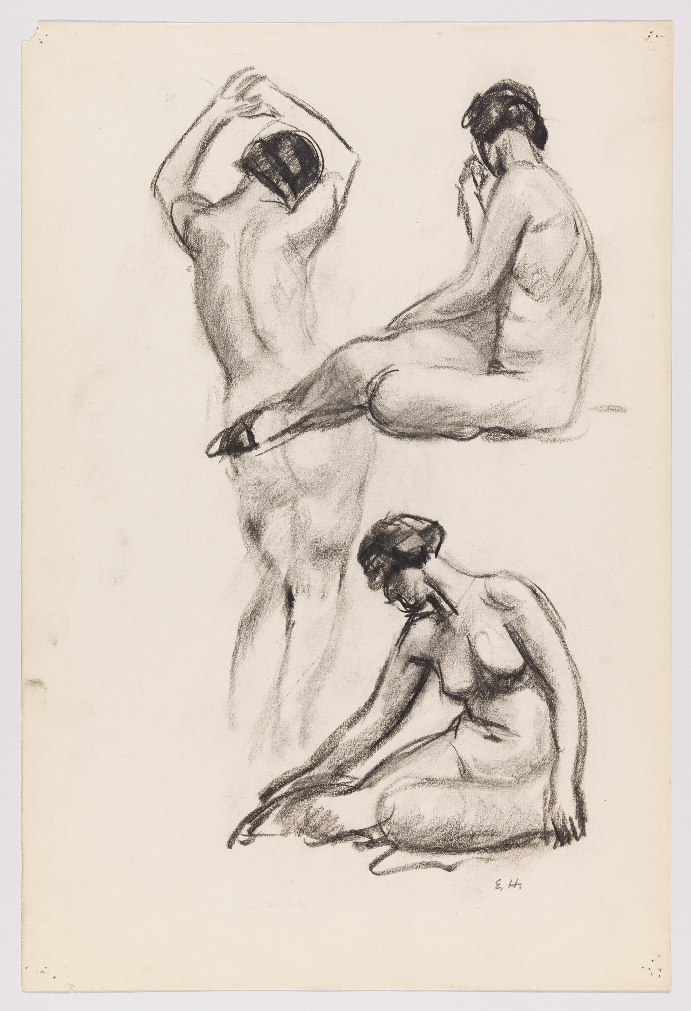 Three charcoal sketches show a nude woman in standing, seated, and kneeling poses.