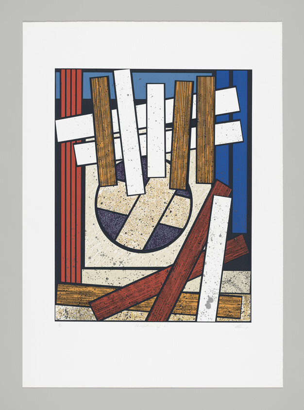 Abstract geometric composition of overlapping colored wooden-like planks and a centered textured circle.