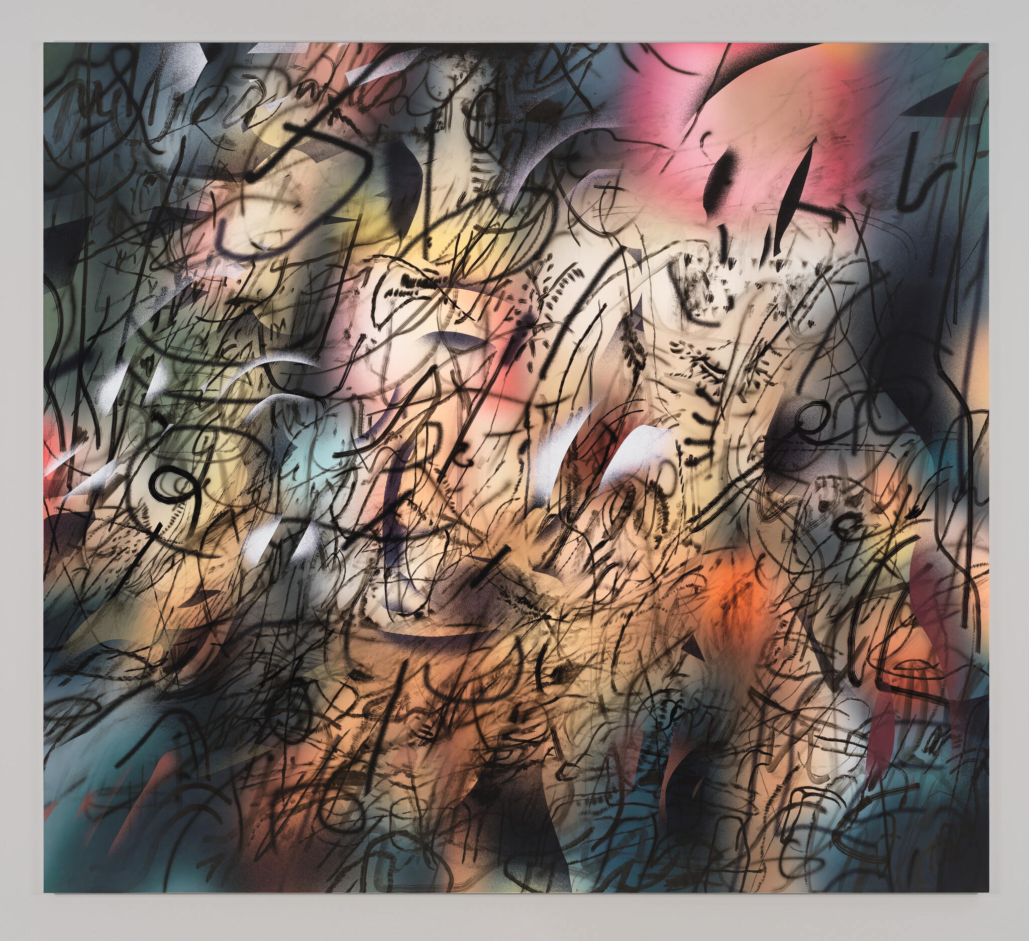 Abstract digital artwork featuring a chaotic overlay of scribbles and brushstrokes in a variety of colors, including shades of black, blue, red, and beige, creating a sense of movement and complexity.