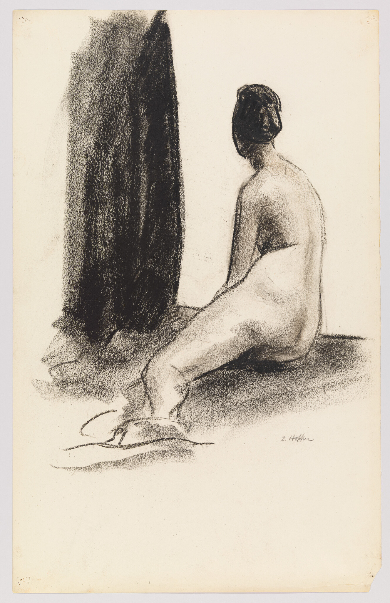 A nude woman sits with her back to the viewer, facing a dark curtain.