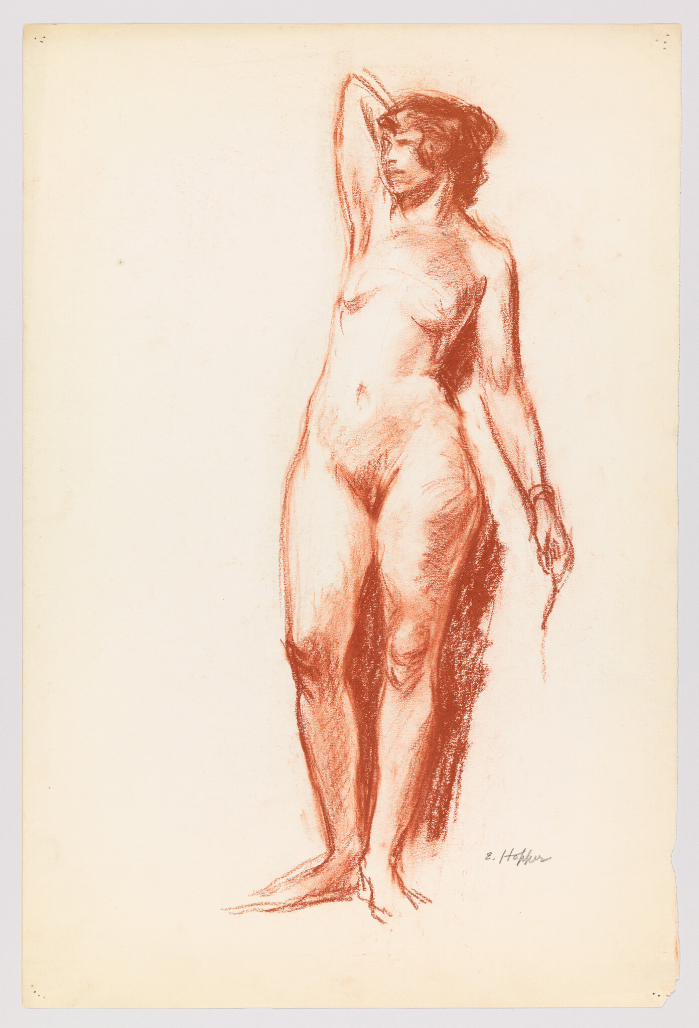 A red chalk sketch of a nude woman standing with one arm raised behind her head.