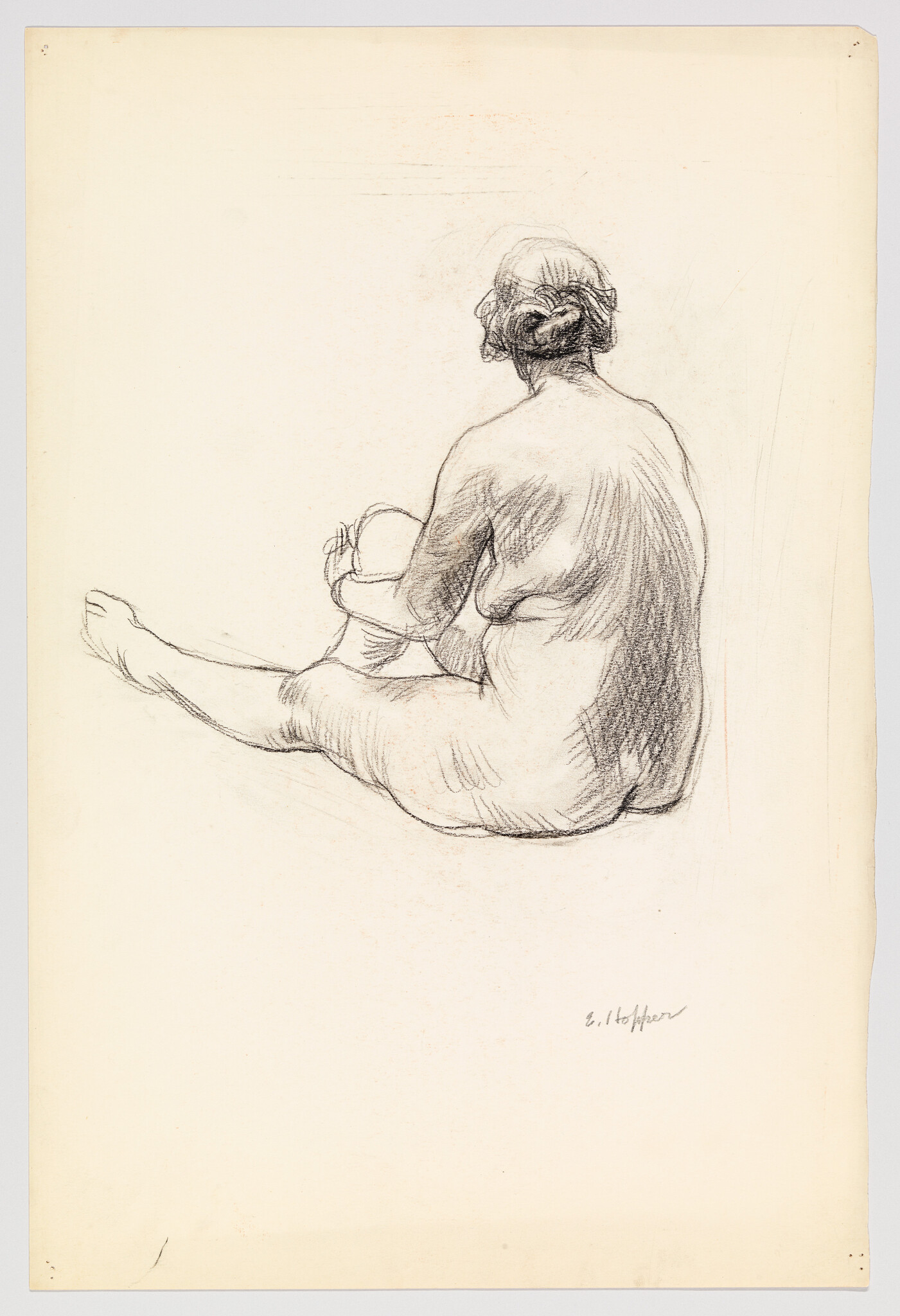 A pencil sketch of a seated nude woman seen from the back holding her knee.