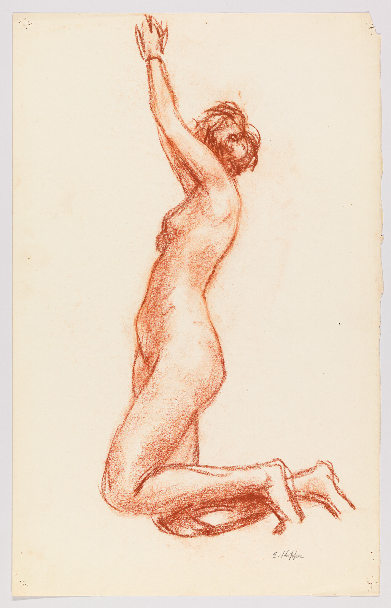 A red chalk sketch of a kneeling nude woman reaching upward with both arms.