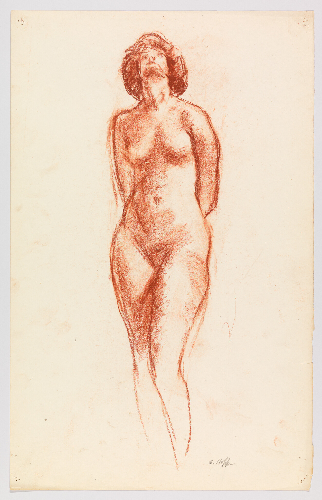 Nude woman standing with her head tilted back and arms held behind her.