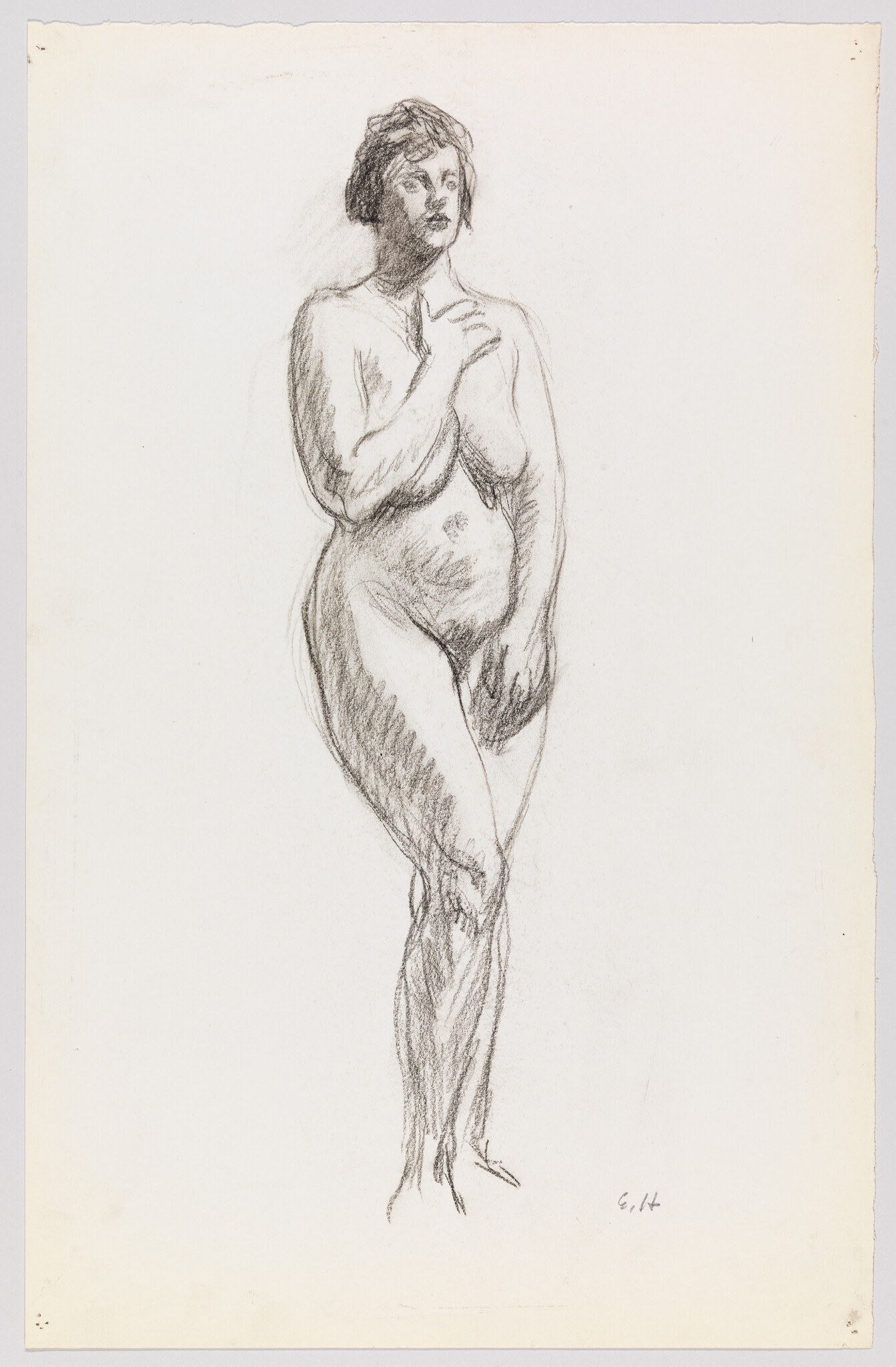A standing nude woman rests one hand on her chest while looking slightly upward.
