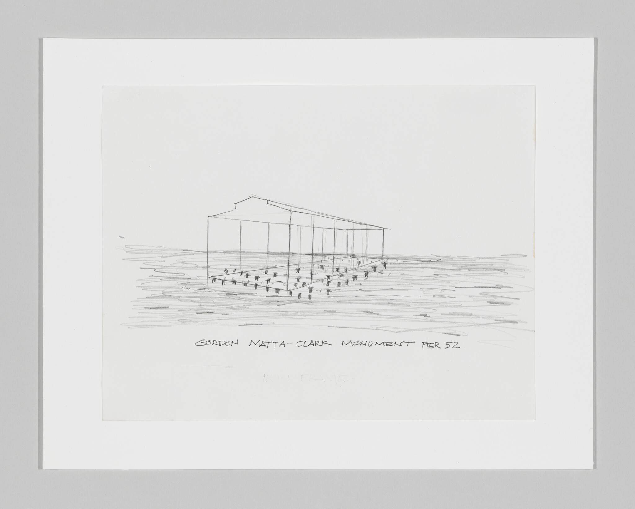 A simple pencil sketch of an open pier pavilion on water with small posts and figures.