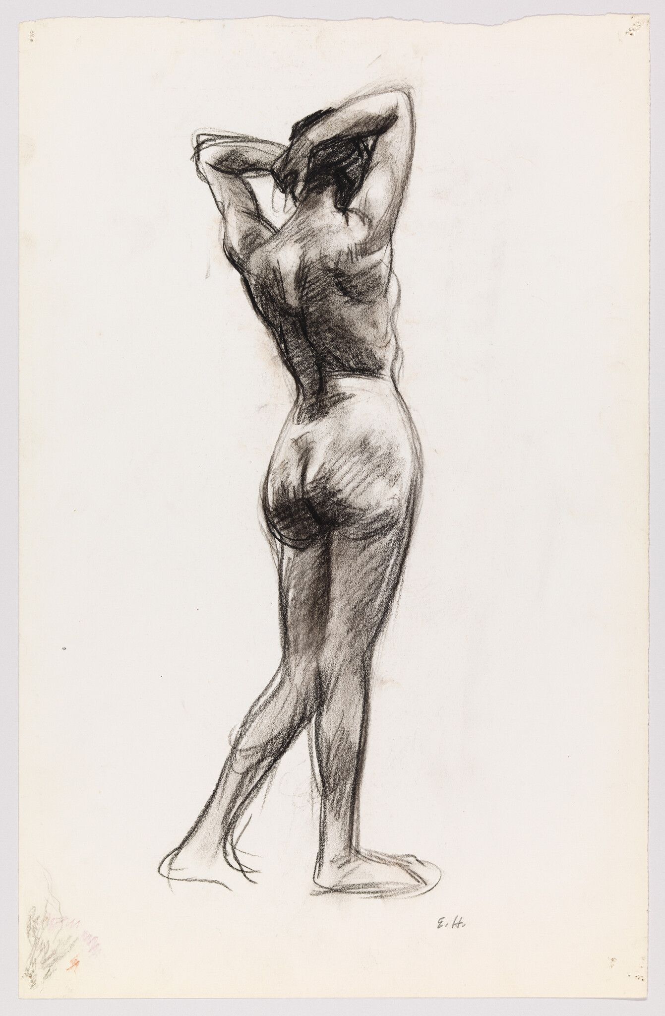 Nude figure standing with arms raised behind the head, viewed from the back.