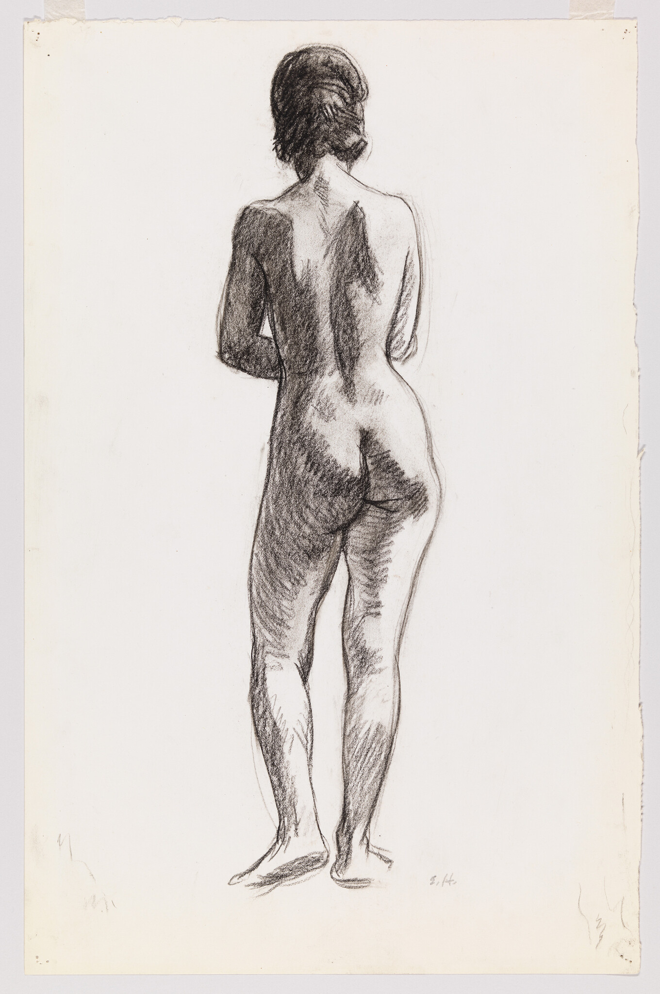 Nude woman standing with her back to the viewer in a charcoal sketch.