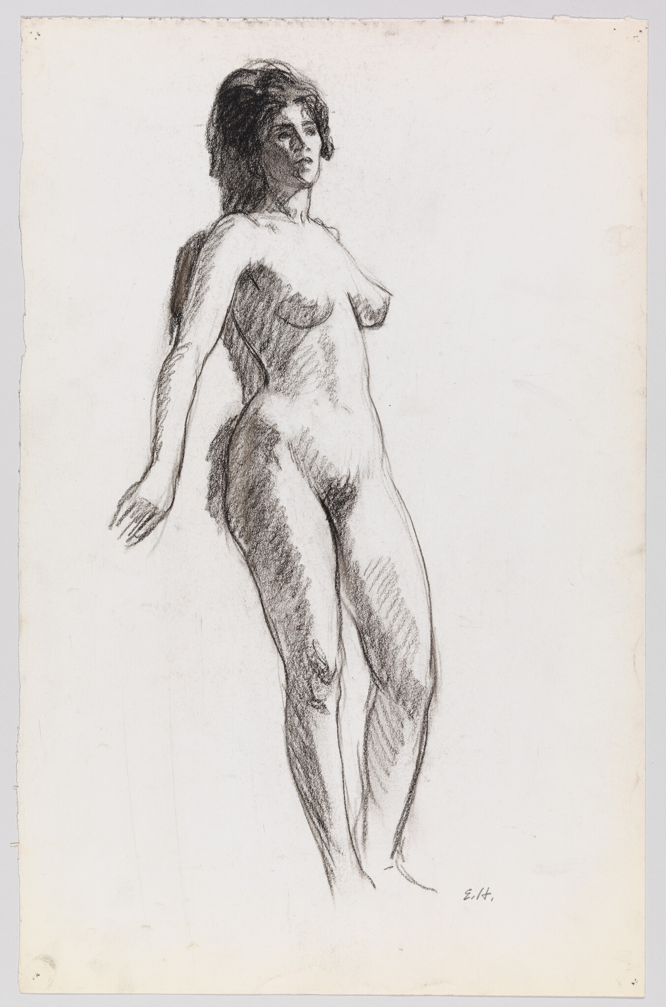 A charcoal sketch of a standing nude woman with weight on one leg and arms relaxed.