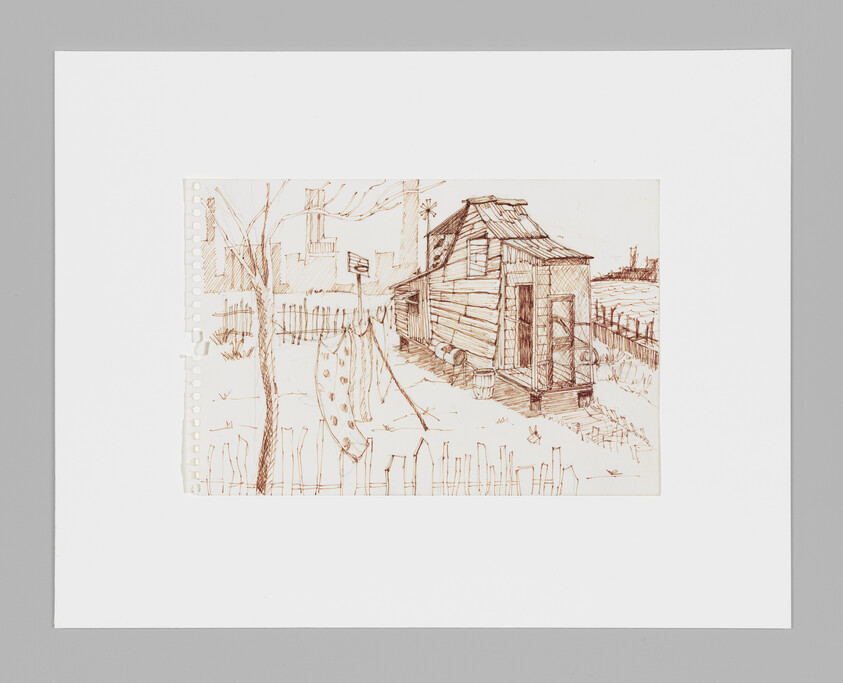 A hand-drawn sketch of a weathered wooden shack beside a clothesline and picket fence.