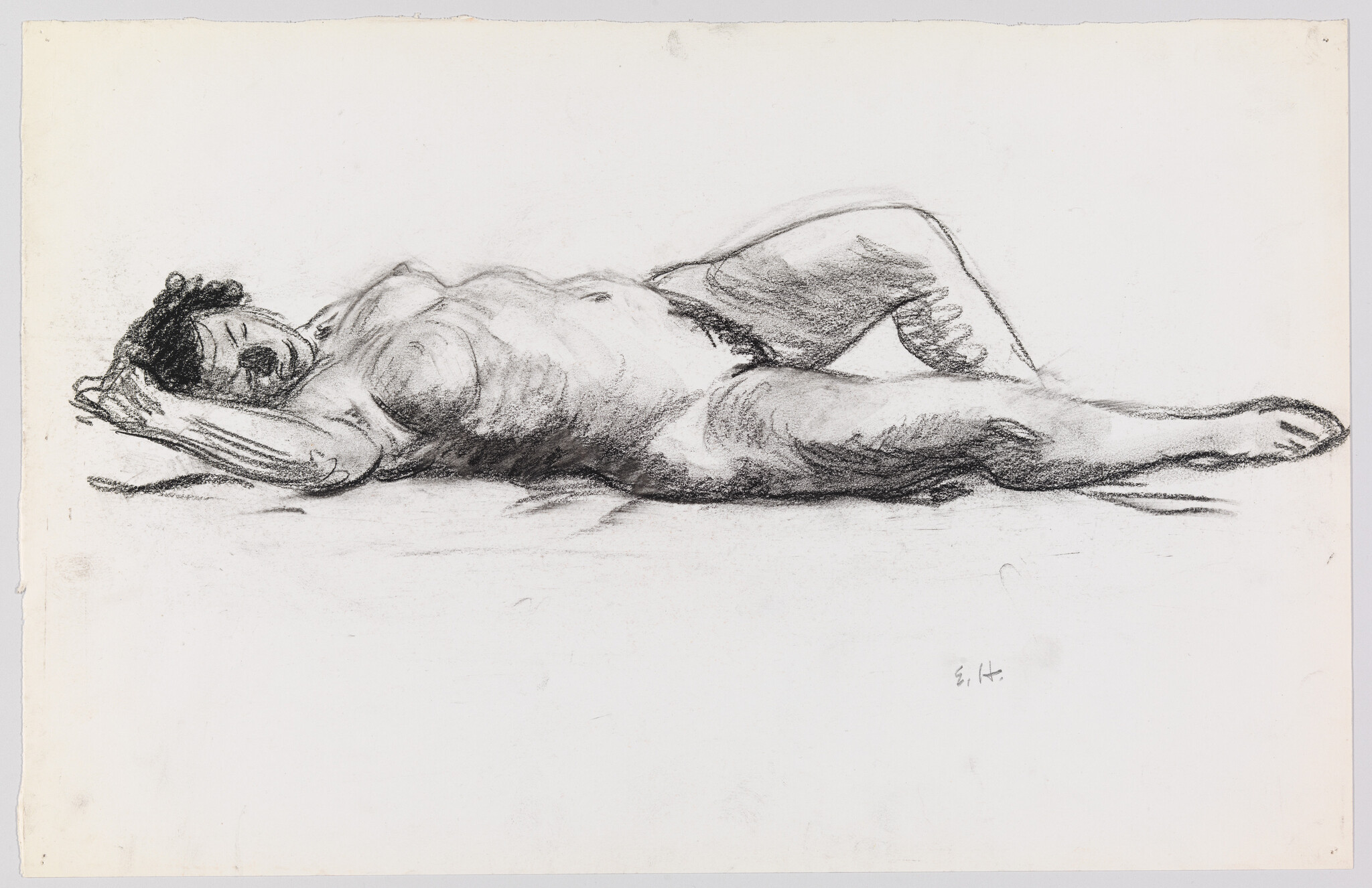 A reclining nude woman lies on her side with head resting on folded arm and one knee bent.