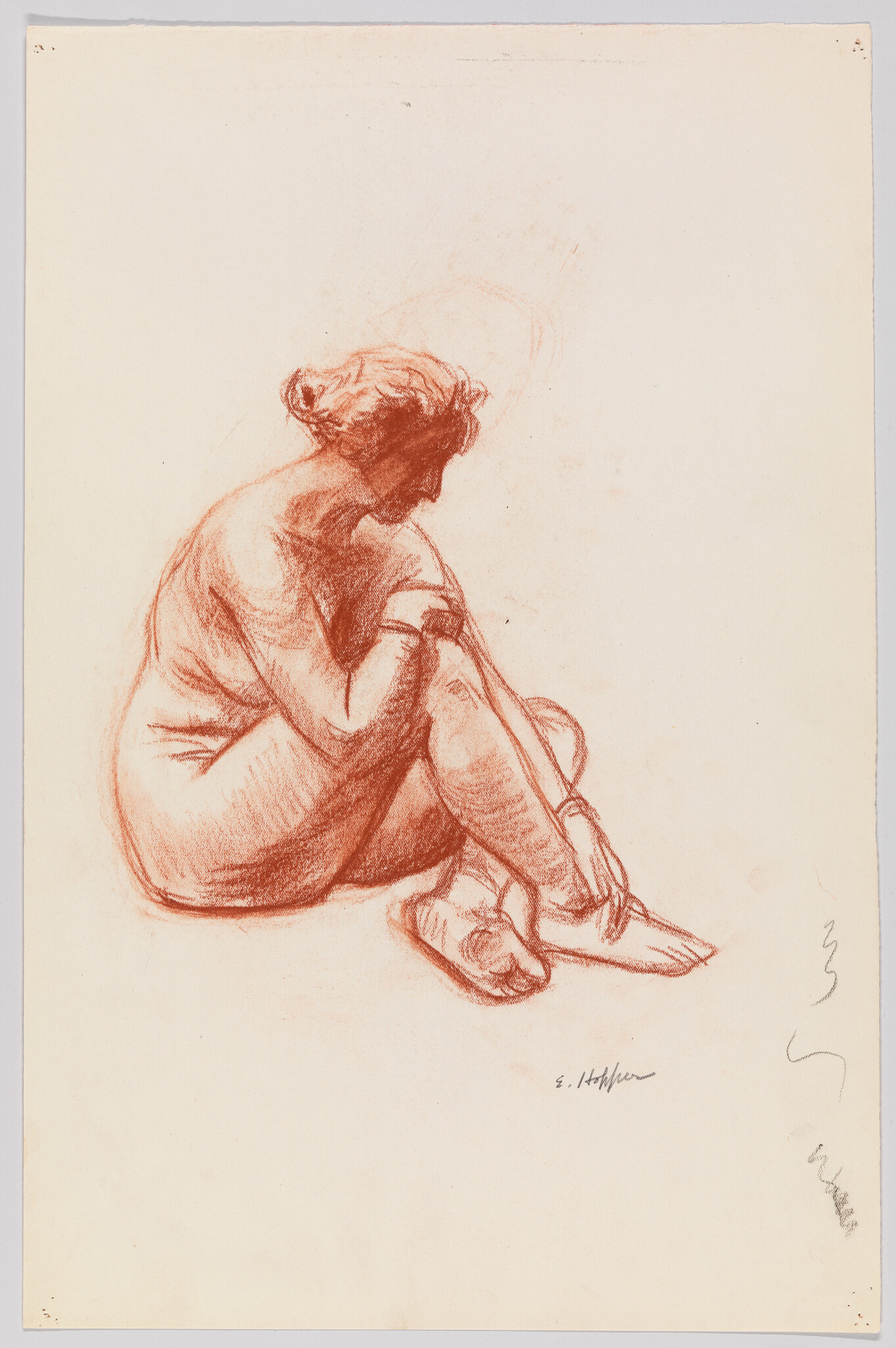 A seated nude woman in red chalk sits hugging her knees and looking downward.