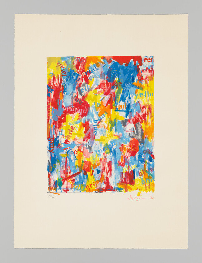 Vibrant abstract painting with red, blue, and yellow brushstrokes on off-white paper.