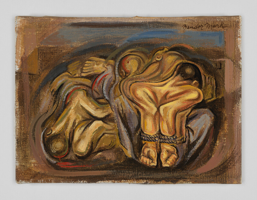 Two bound, crouching figures entwined in a dark, confined space.