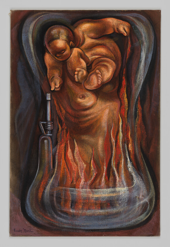 A maternal figure holding a baby above burning flames inside a glass vessel.