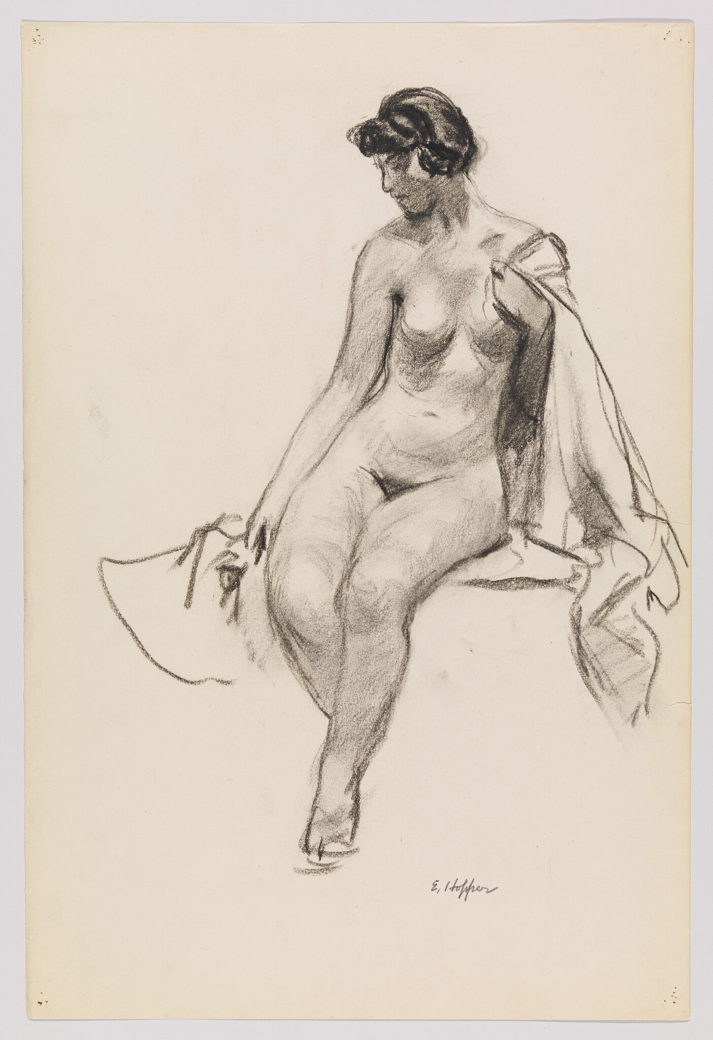 A charcoal sketch of a seated nude woman holding a draped cloth and looking downward.