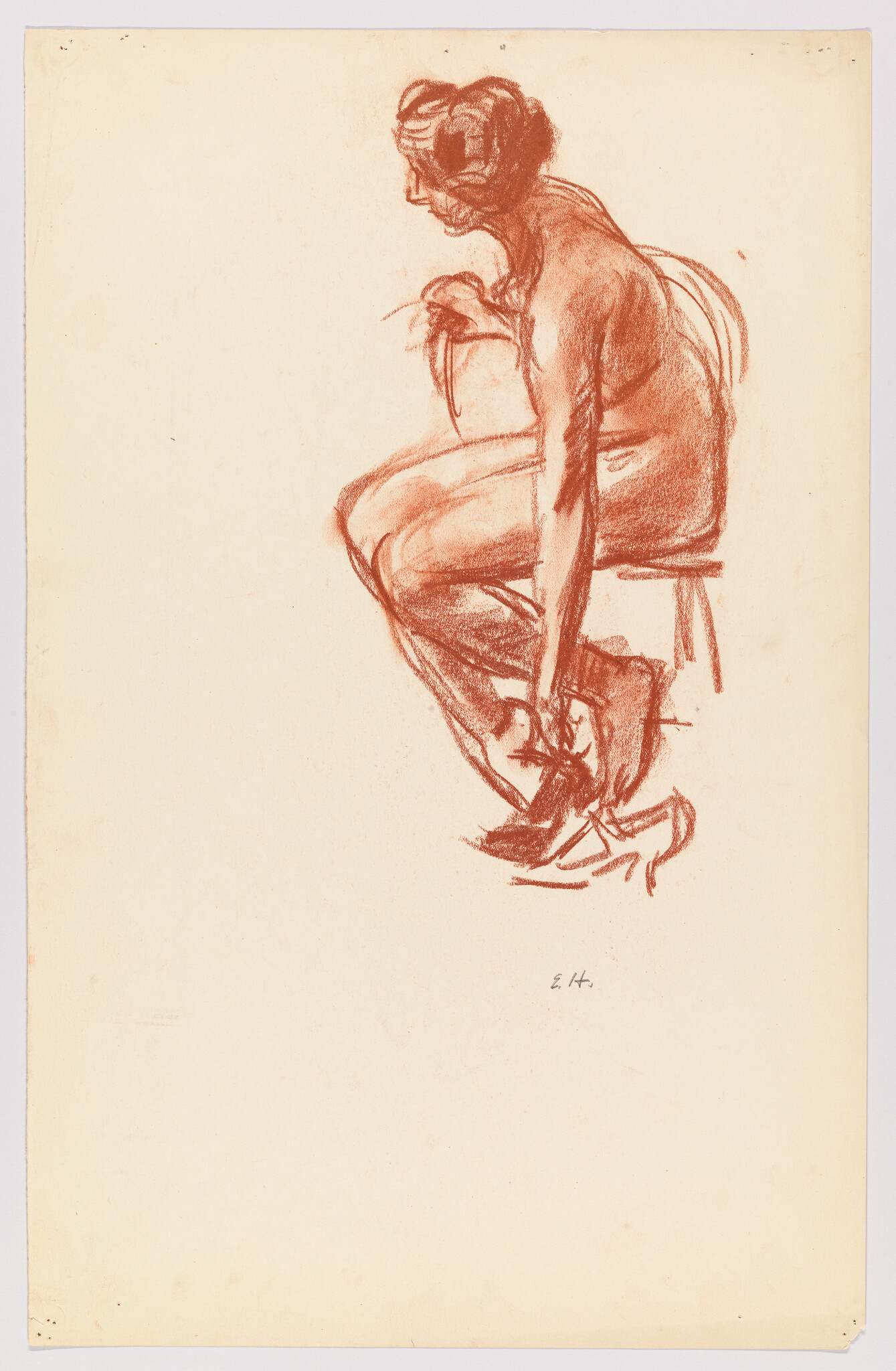 A seated woman on a stool bending forward to tie her shoe in a red chalk sketch.
