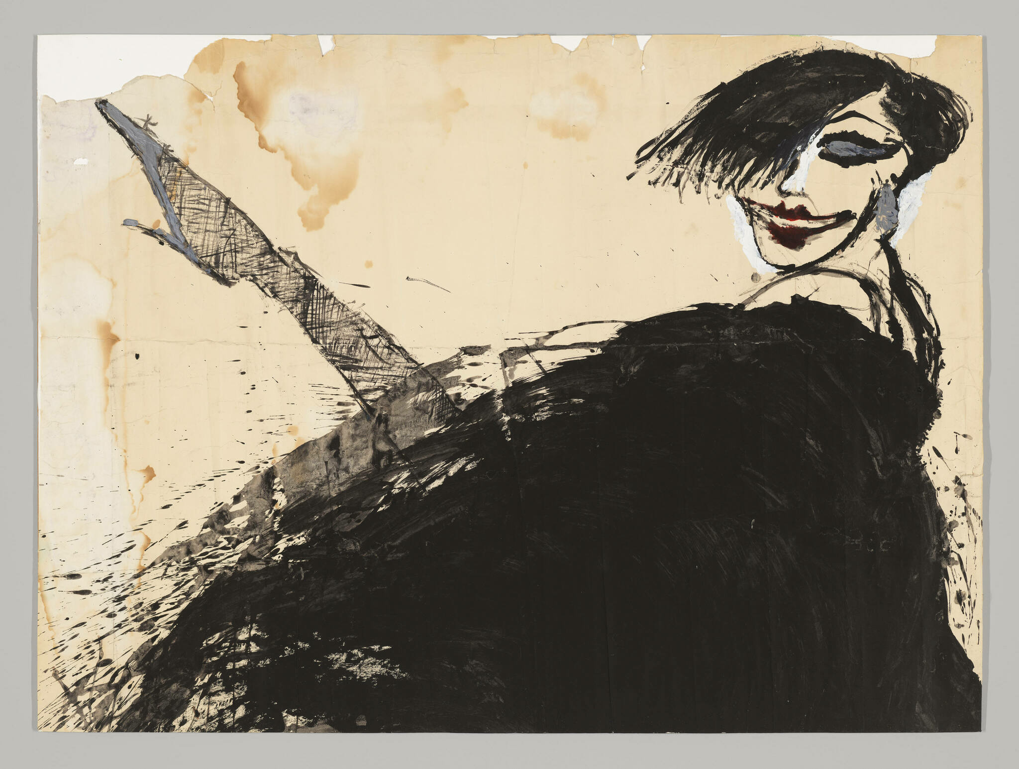 An abstract painting on a stained beige background featuring a stylized, smiling female figure with exaggerated features. The figure has a large, dark brushstroke for hair, a prominent red smile, and a sweeping black garment or body shape that dominates the lower portion of the artwork. The style is loose and expressive, with visible drips and splatters of black ink.