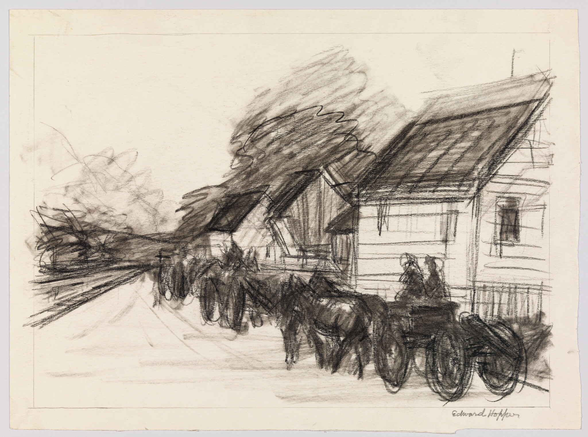 Horse-drawn cart with two people beside wooden houses along a quiet country road.