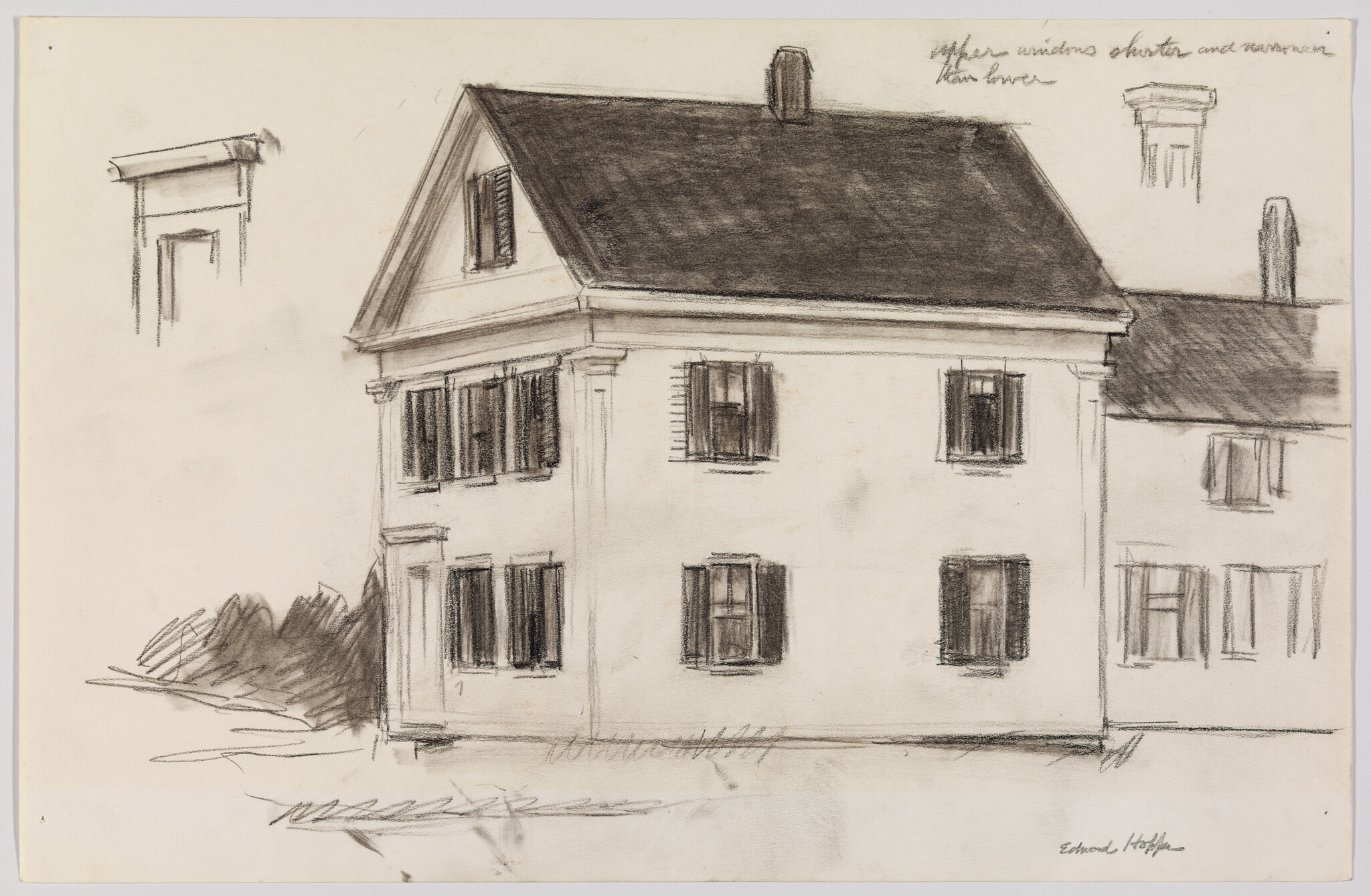 A charcoal sketch of a two-story house with shutters, a steep roof, and a chimney.