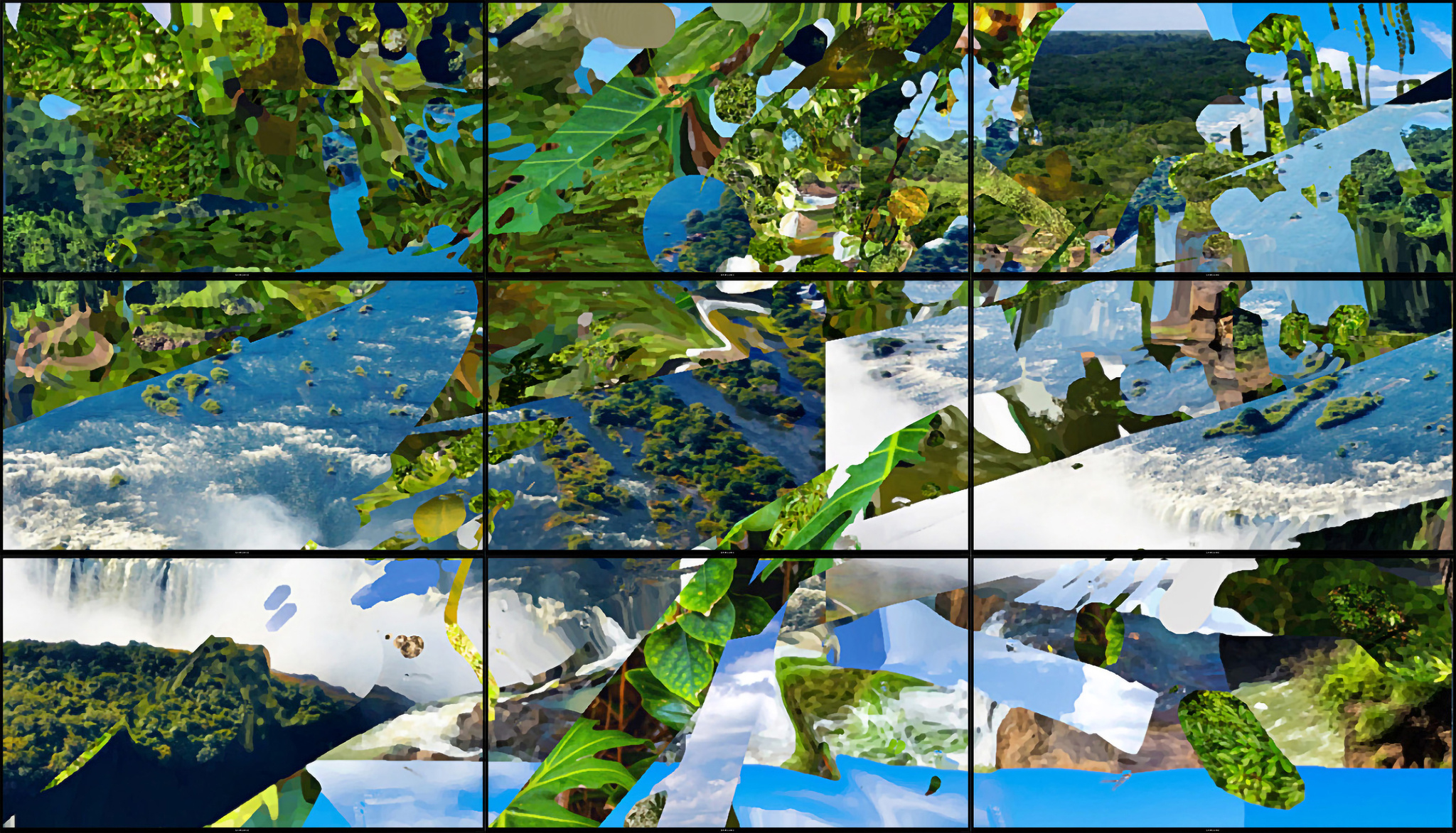 A collage of various fragmented images depicting sections of a lush green landscape with a river or waterfall, artistically rearranged to create an abstract mosaic effect.