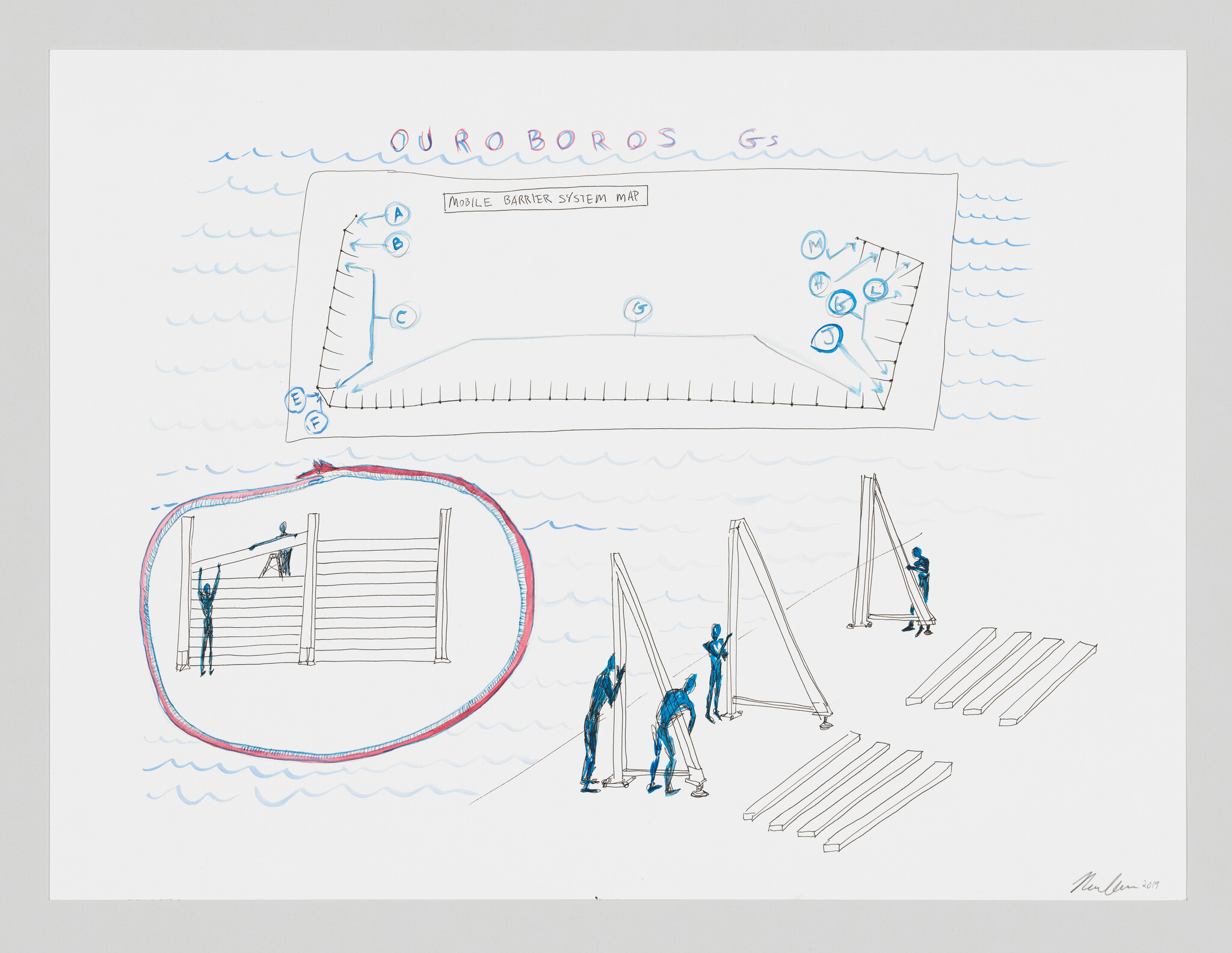 Workers assemble tall wooden barrier panels using tripod supports while a system map appears above.