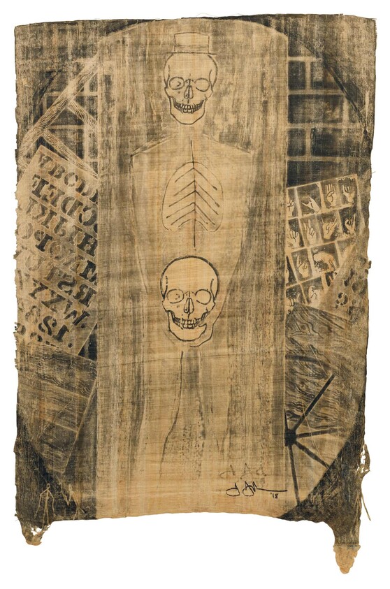 Sketch of a human skeleton with two skulls on aged paper, surrounded by abstract geometric patterns.