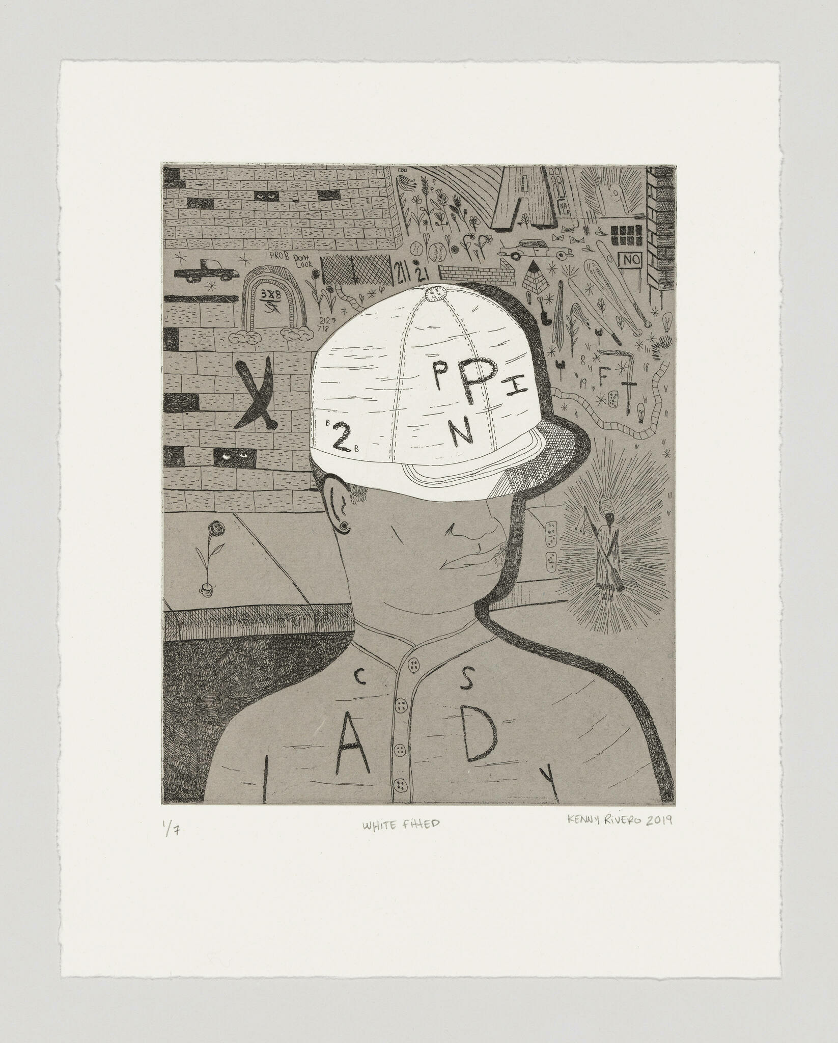 Illustration of a person's head and upper torso with a white hard hat labeled with letters and numbers. The background is filled with various symbols and objects, and the shirt has individual letters on the buttons. The artwork includes text at the bottom indicating the title "WHITE FIRED" and the artist's signature "Kenjji Riveo 2019."