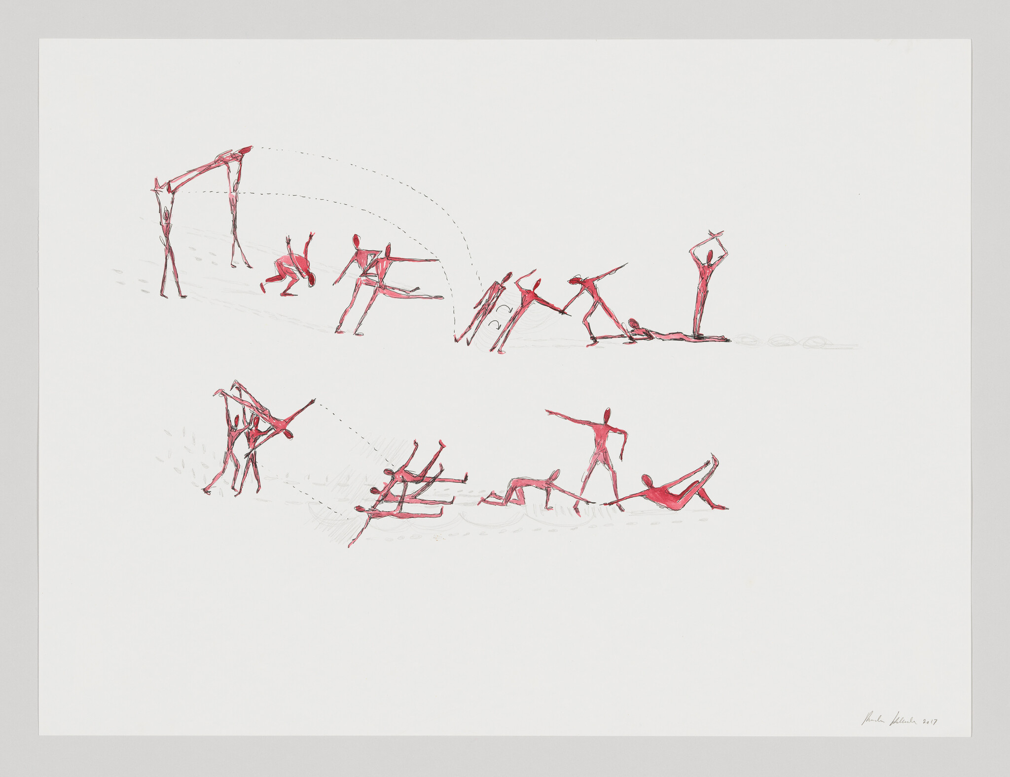 Red stick-figure dancers perform a sequence of acrobatic lifts, flips, and falls across the page.