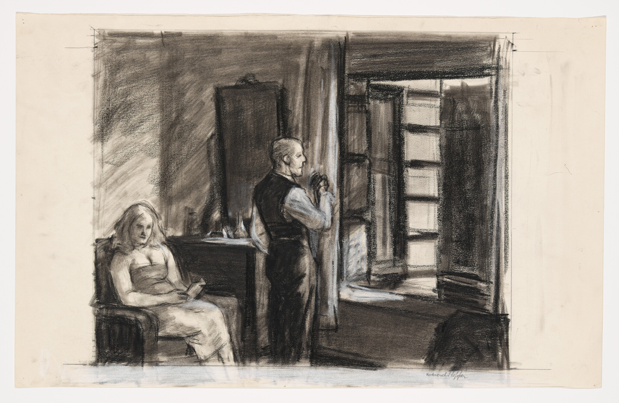 A man adjusts a curtain while a woman sits nearby reading in a dim room.