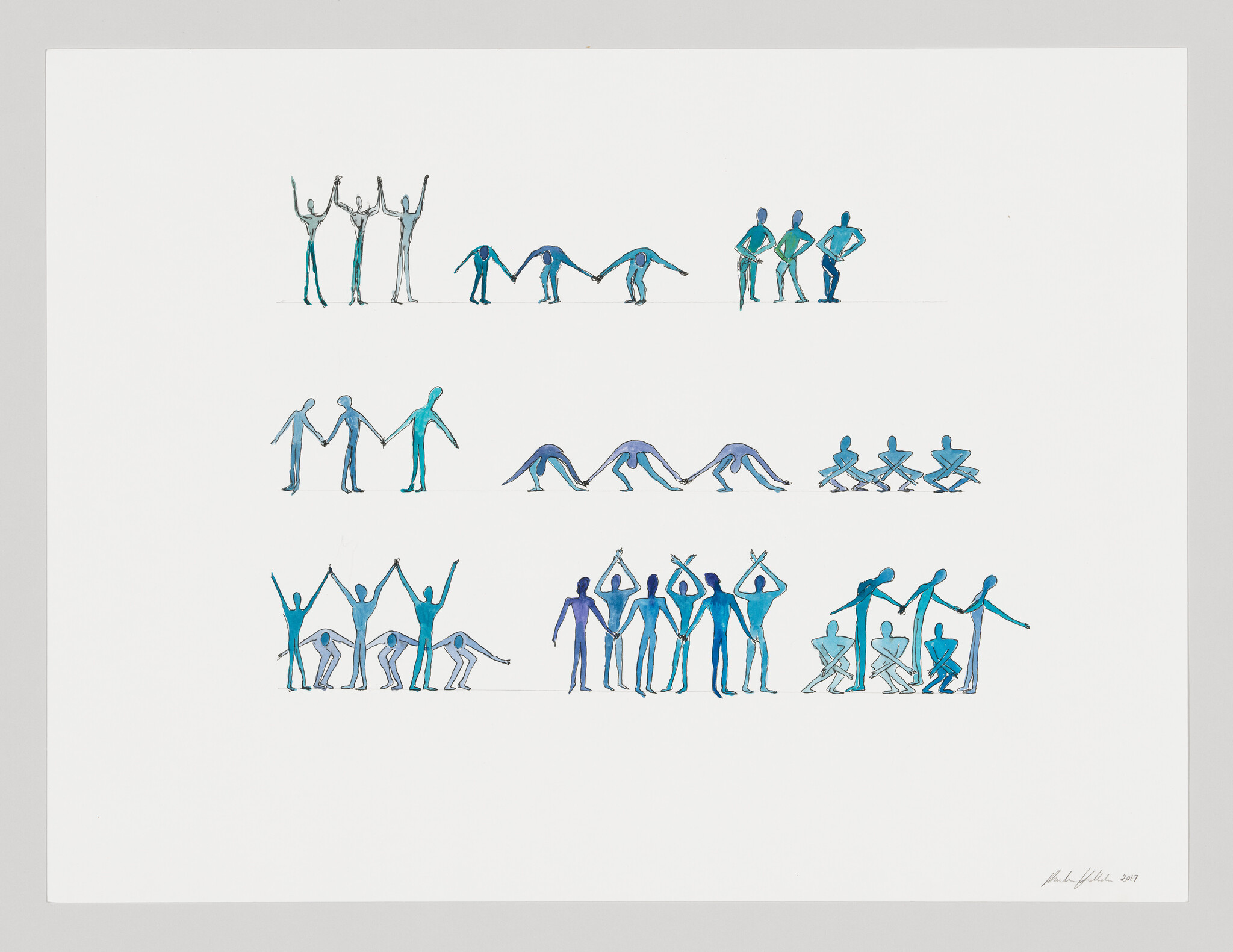 Rows of small blue and teal figures performing synchronized group poses like holding hands, bending, and squatting.