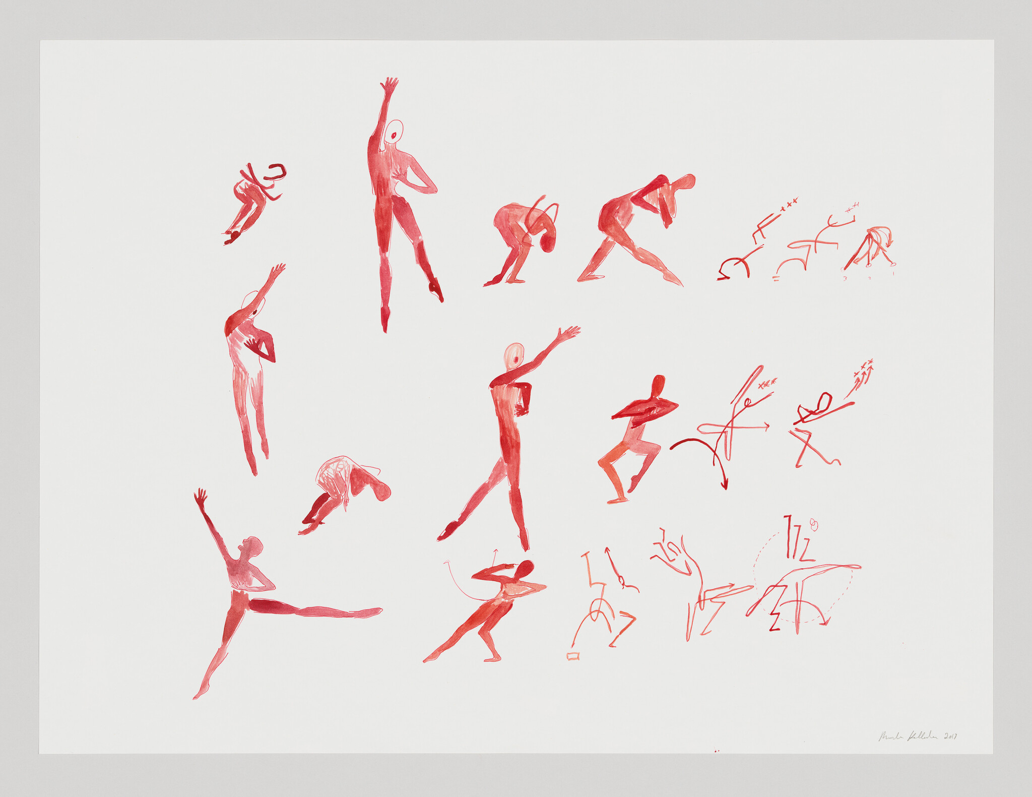Red watercolor figures performing a variety of dance and movement poses on a white background.