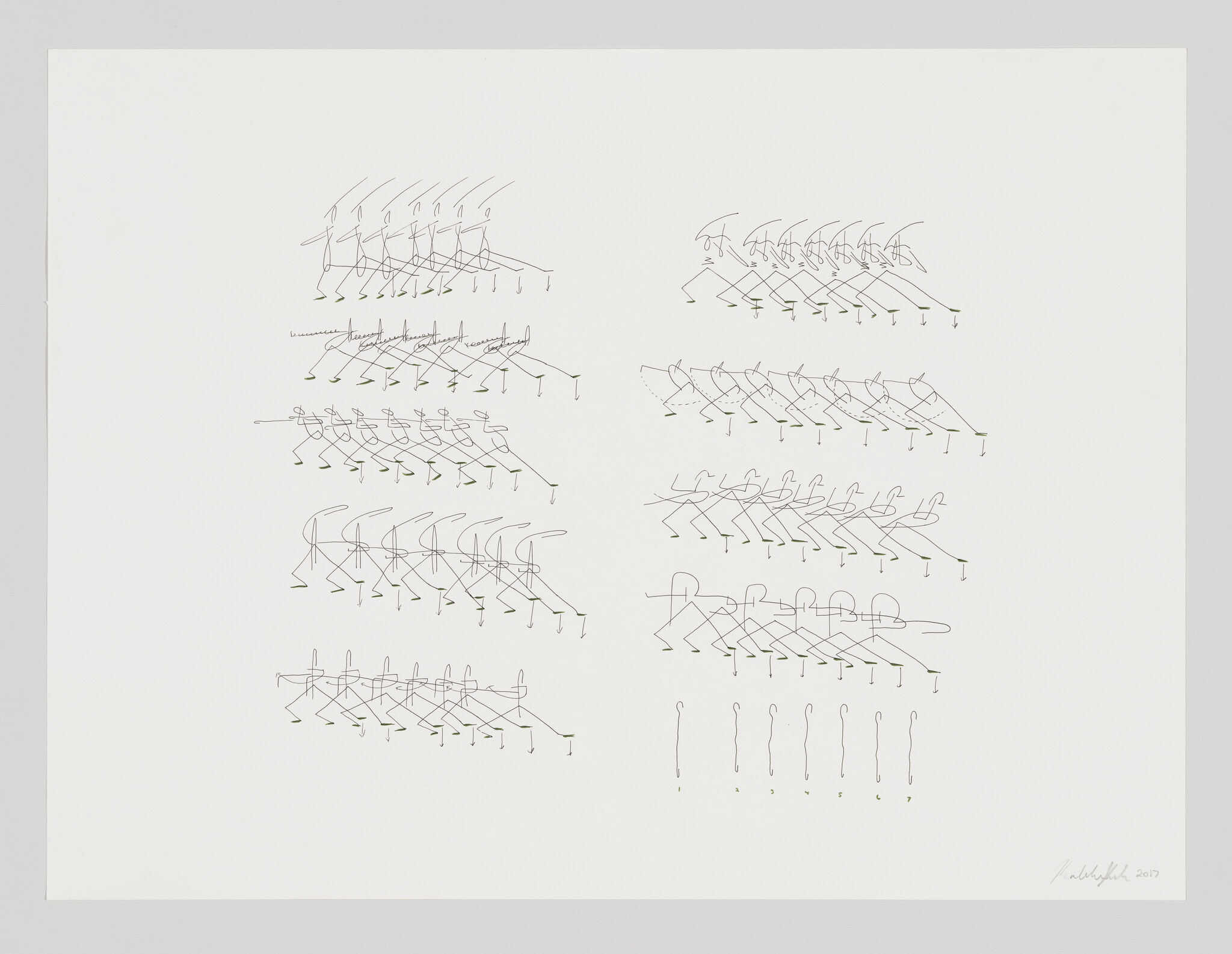 A drawing of nine crews of stick figures dancing and one group of lines atop of dots, evenly arranged in five rows against a white background