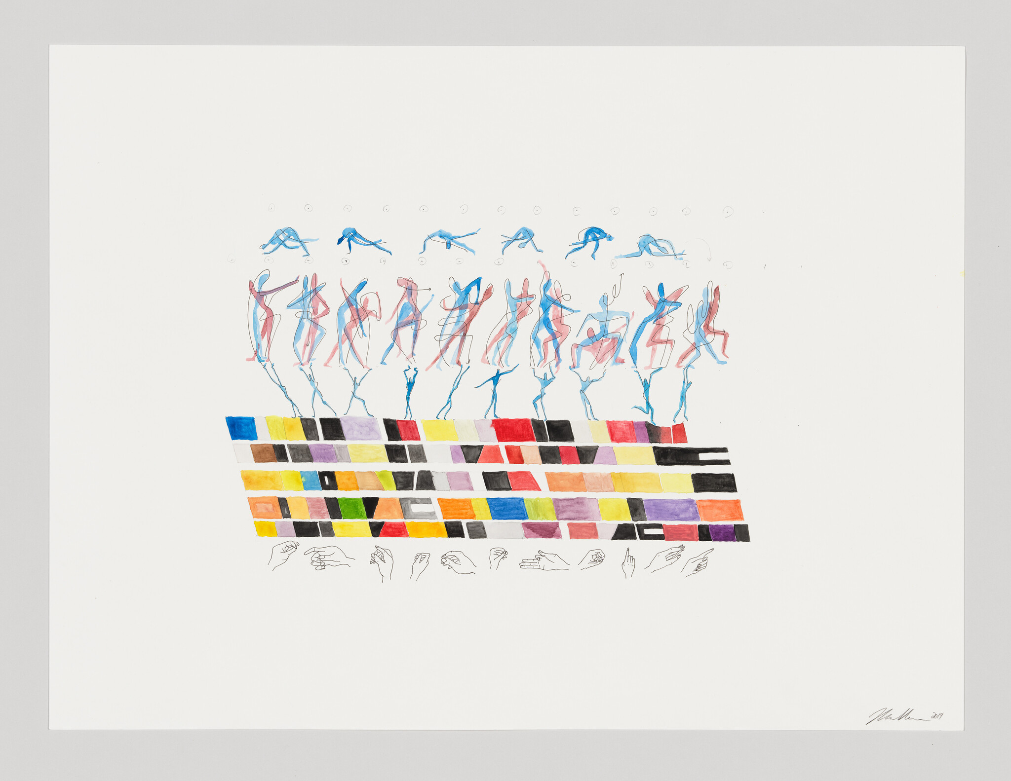 Sequential blue and red figures dance above a colorful grid of rectangles with hand sketches beneath.