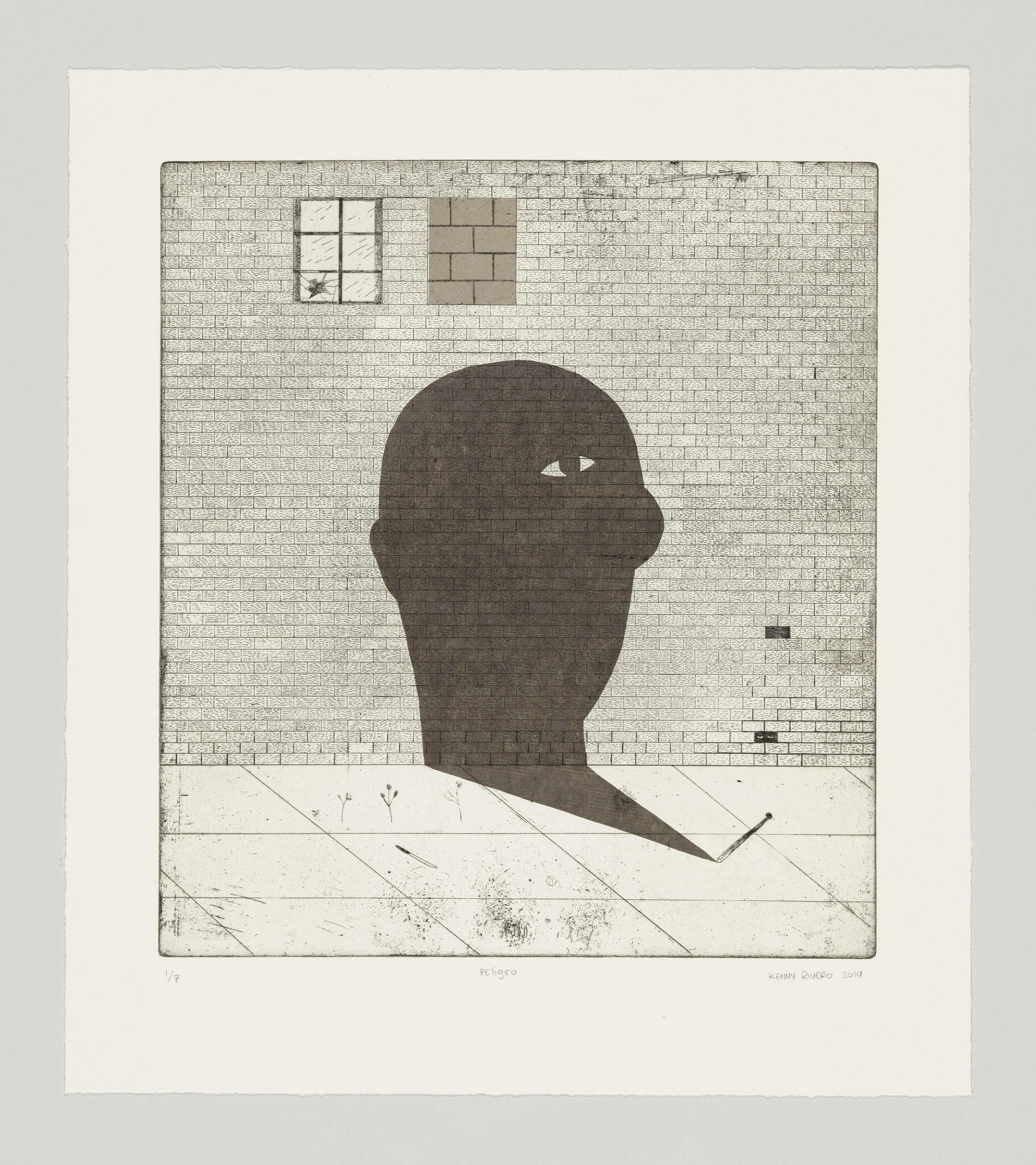 An artwork depicting a stylized silhouette of a human head and shoulders integrated into a brick wall, with a small window and abstract shapes on the wall. The silhouette has cut-out areas for eyes and a shadow extending onto a white floor with minimalistic plant-like drawings. The piece is signed and dated in the bottom right corner.