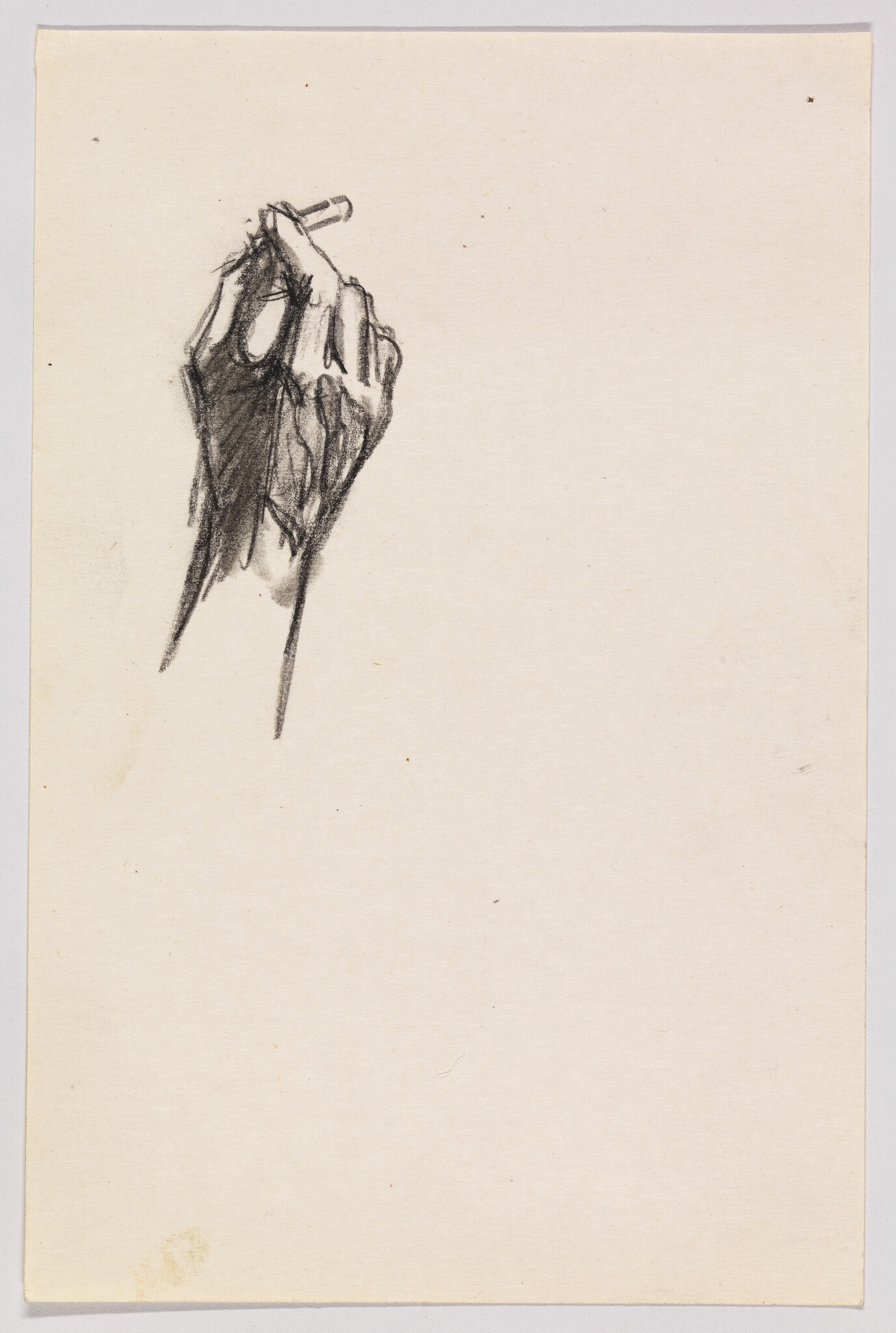 A charcoal sketch shows a hand holding a small cigarette-like object near the top left.