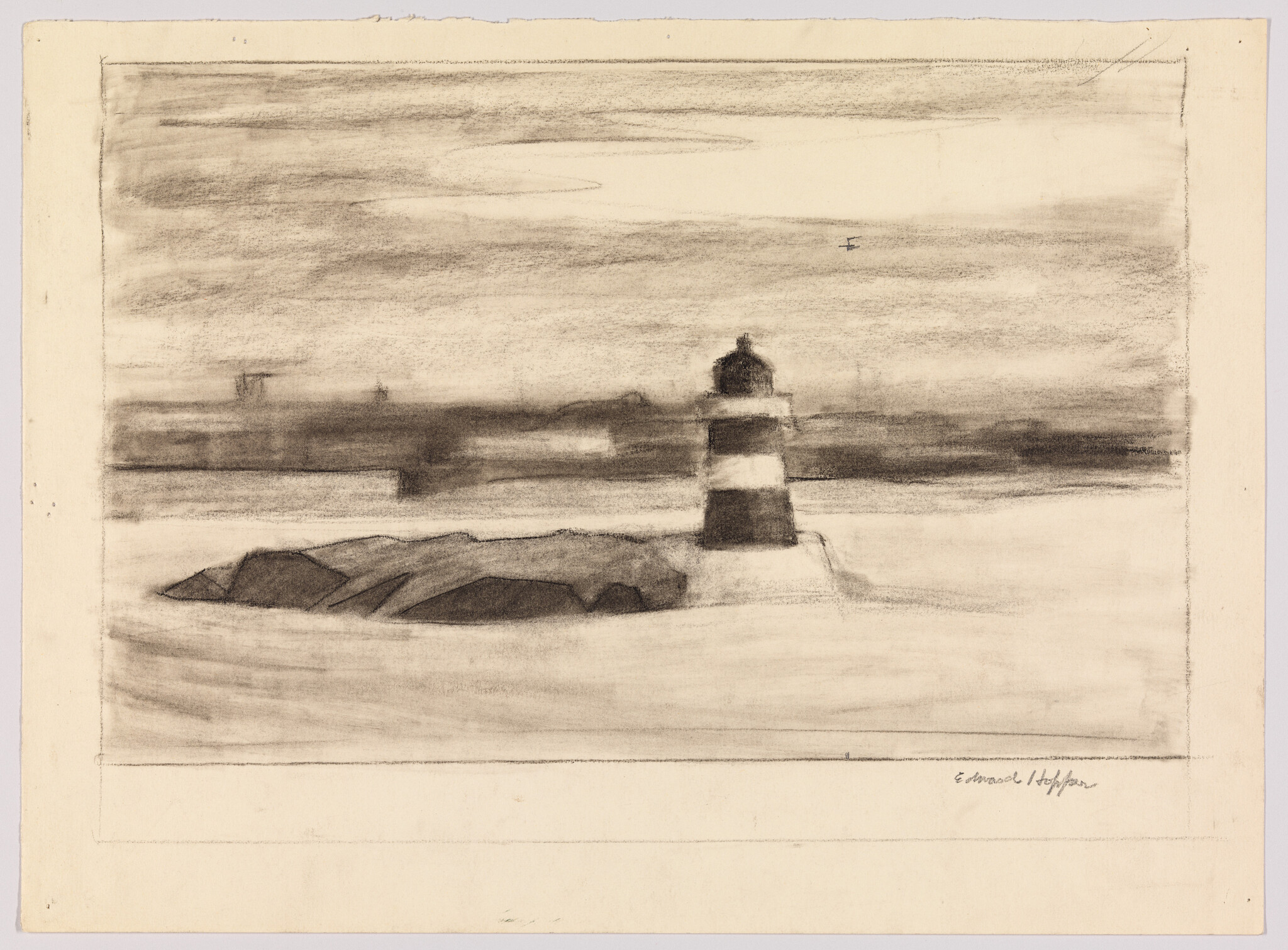 A charcoal drawing of a striped lighthouse standing on rocks by calm, misty water.