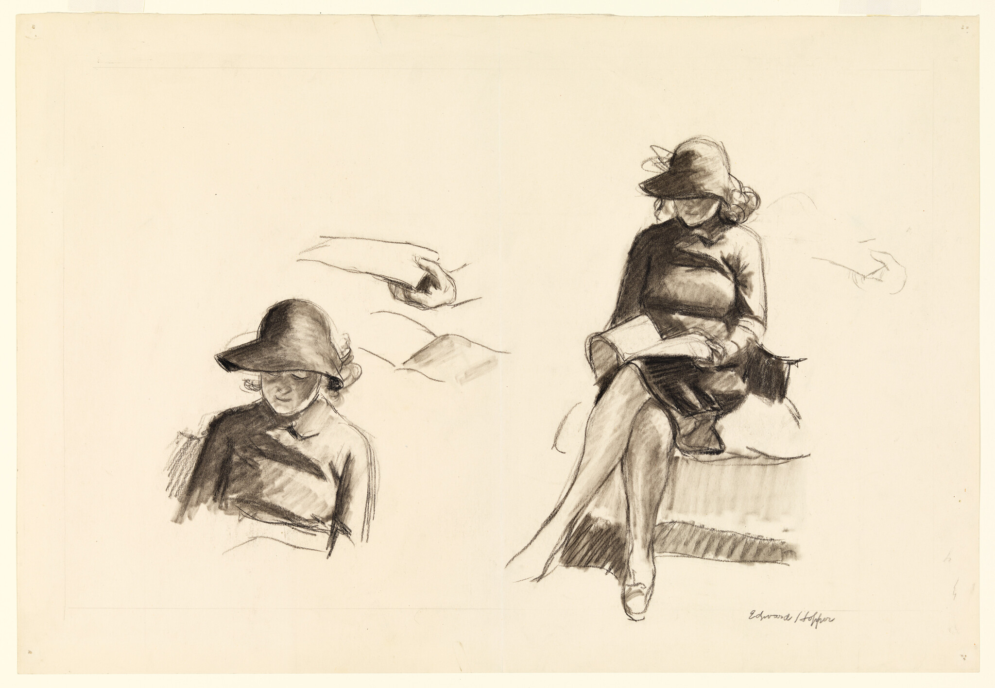 A woman in a cloche hat sits with crossed legs reading a book in charcoal studies.