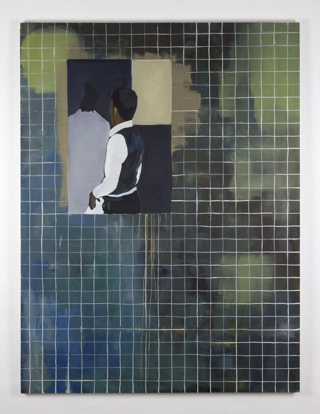 A painted figure in a vest stands facing a doorway while a grid pattern covers the canvas.