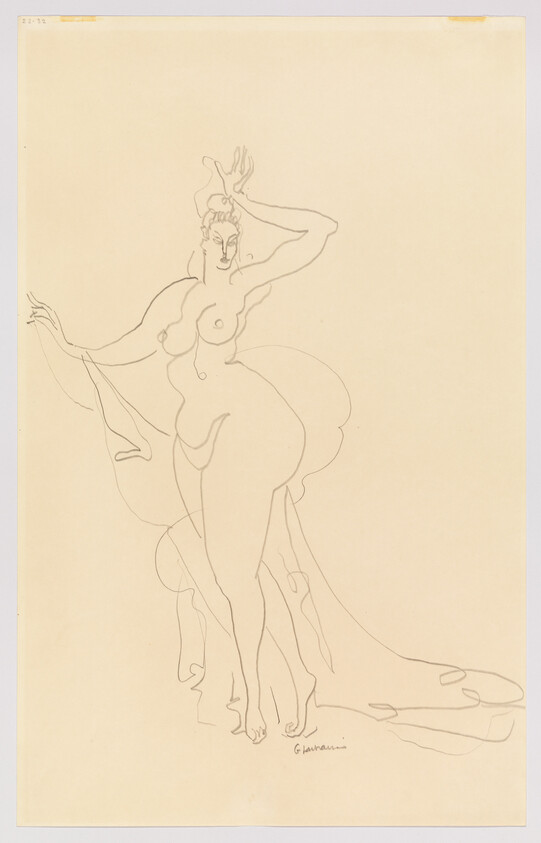 A standing nude woman poses with one hand raised and a sheer cloth flowing behind her.