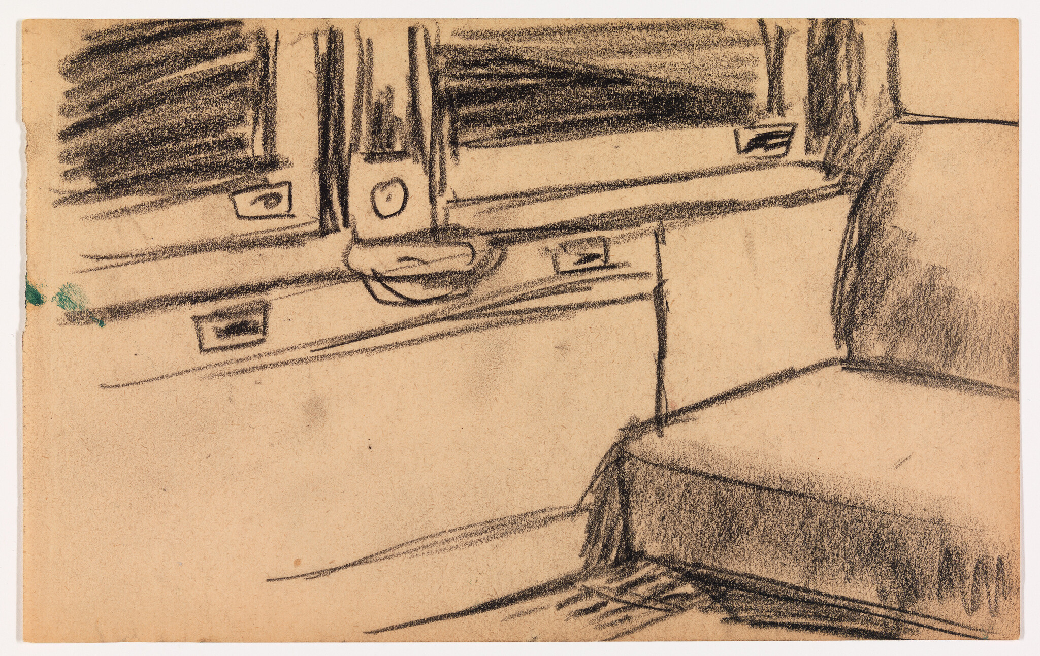 Simple charcoal sketch showing a train carriage window with latch and an adjacent upholstered seat.