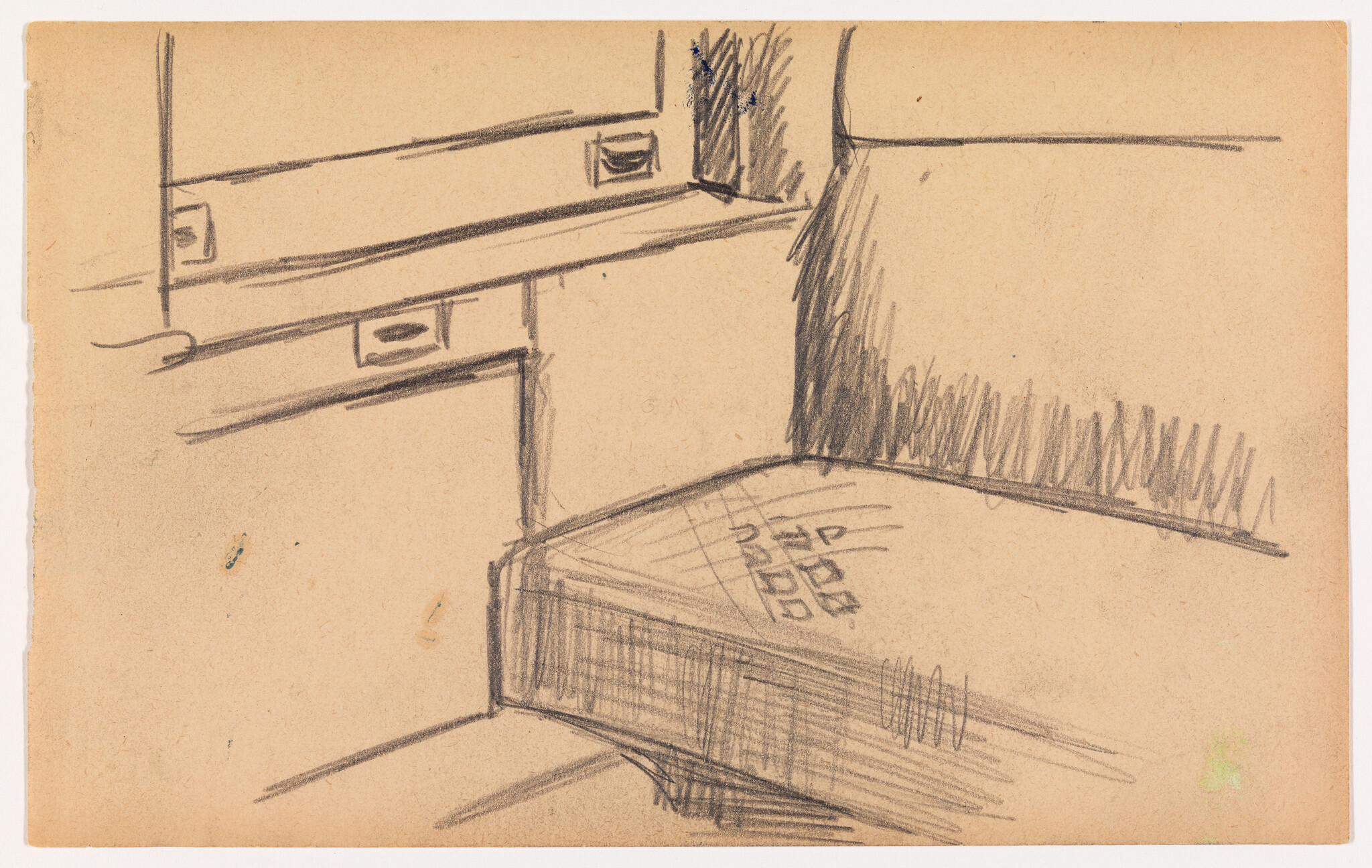 Simple pencil sketch showing a corner bed with a mattress and wall drawers with handles.