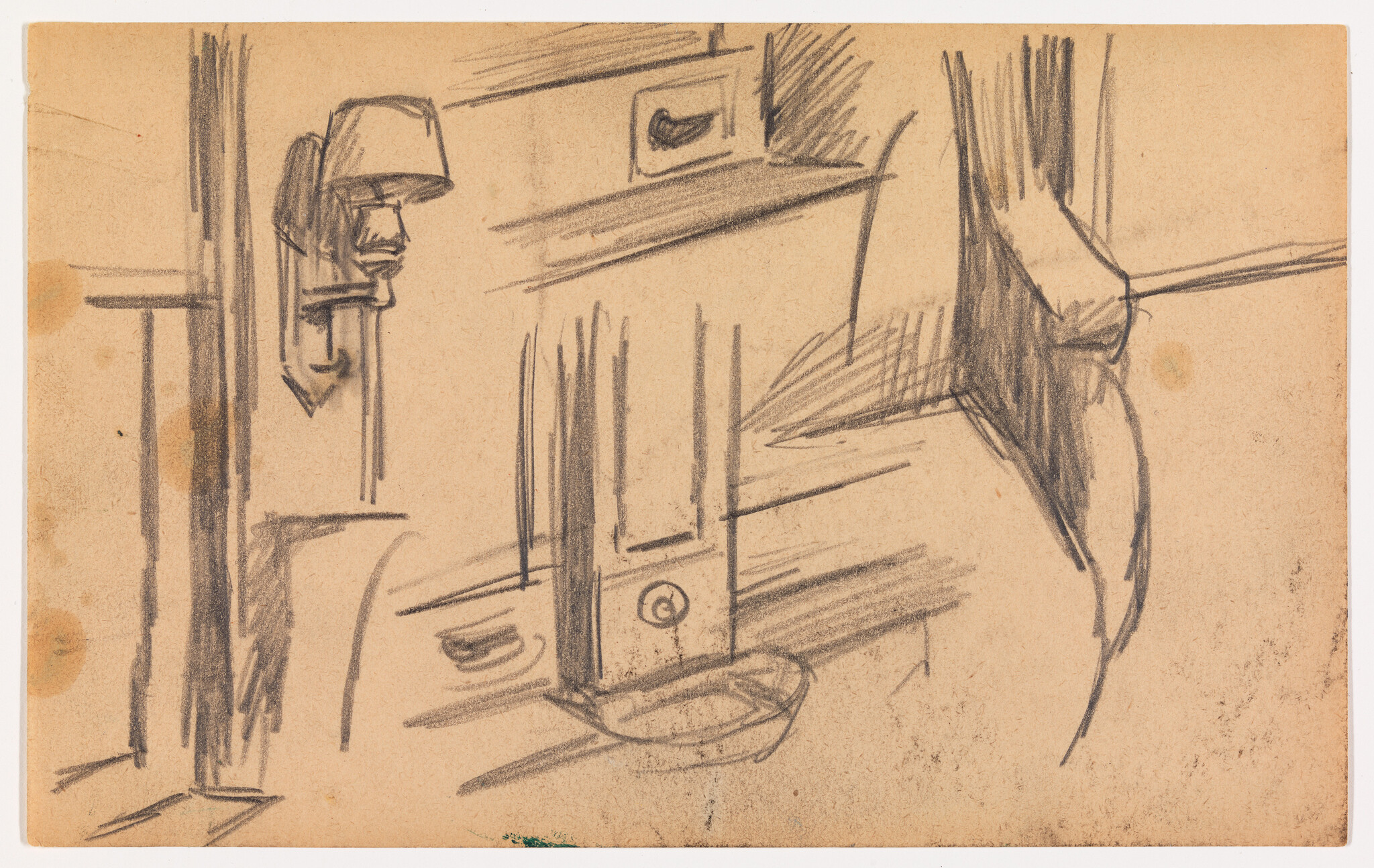 A pencil sketch of a room corner showing a wall sconce, paneled door, and small basin.