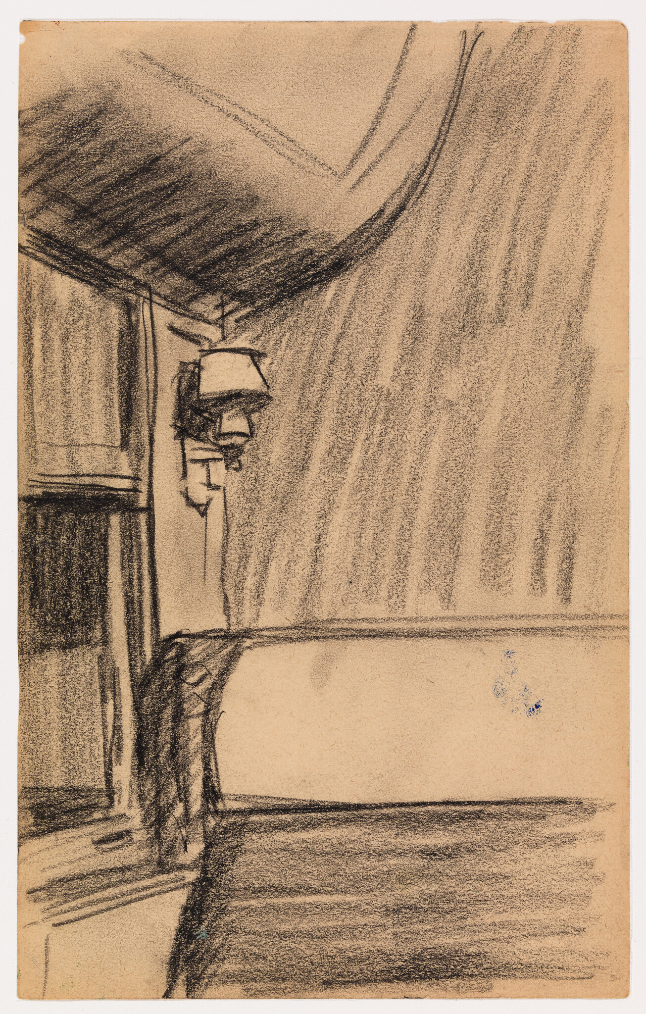 Sketch of a bedroom corner showing a bed, draped blanket, wall lamp, and window.