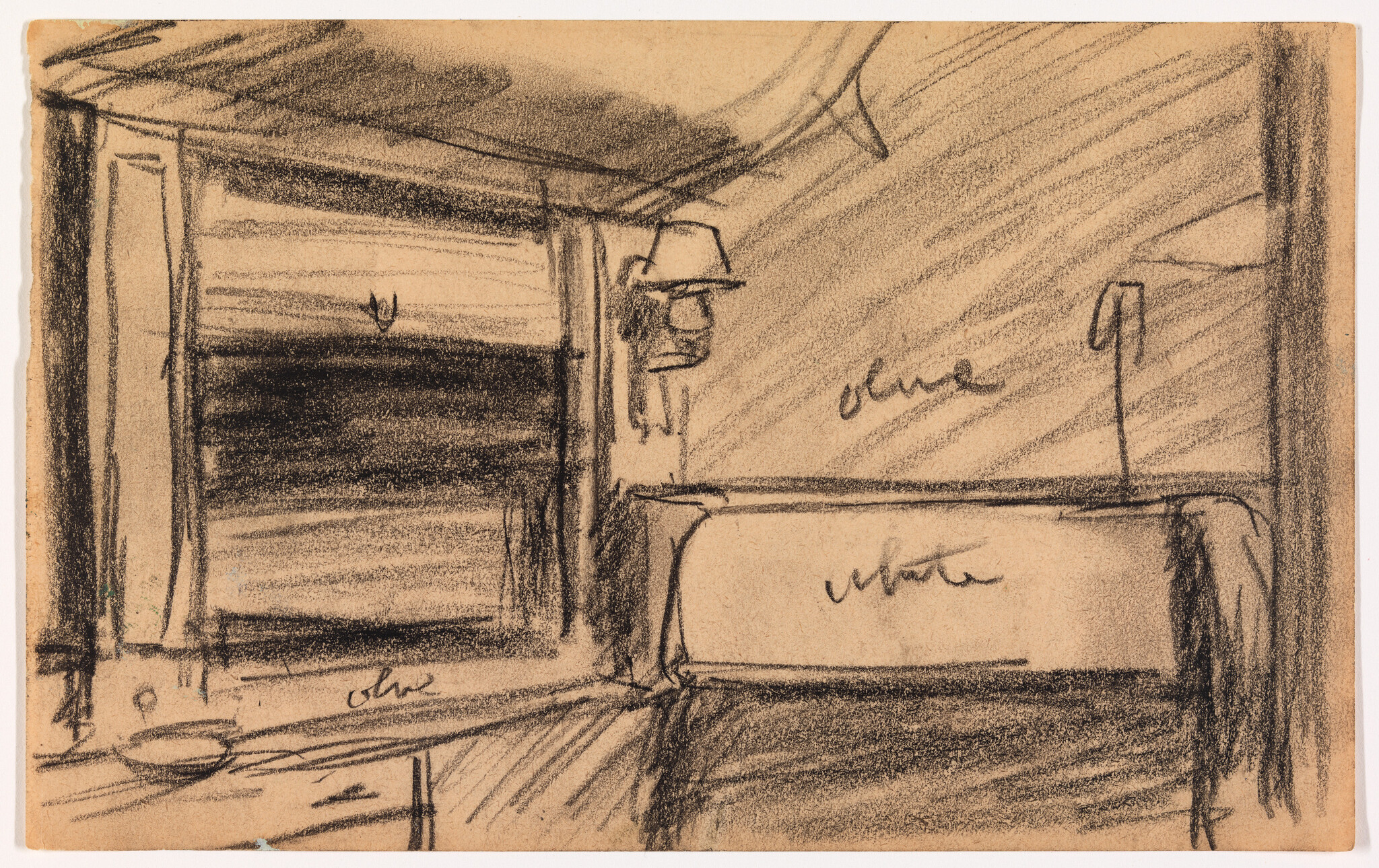A rough charcoal sketch of a small room with a bed, wall lamp, and window.