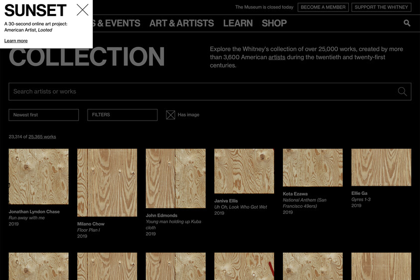 Whitney Museum's online collection page showing artworks with wood textures, search bar, and filter options.