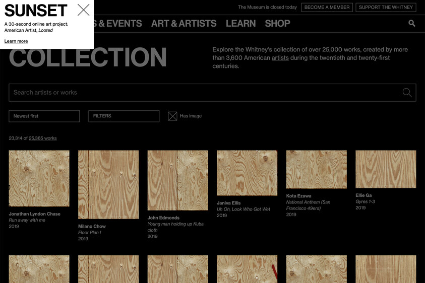 Whitney Museum collection webpage showing a grid of wooden-panel artworks and a search bar.