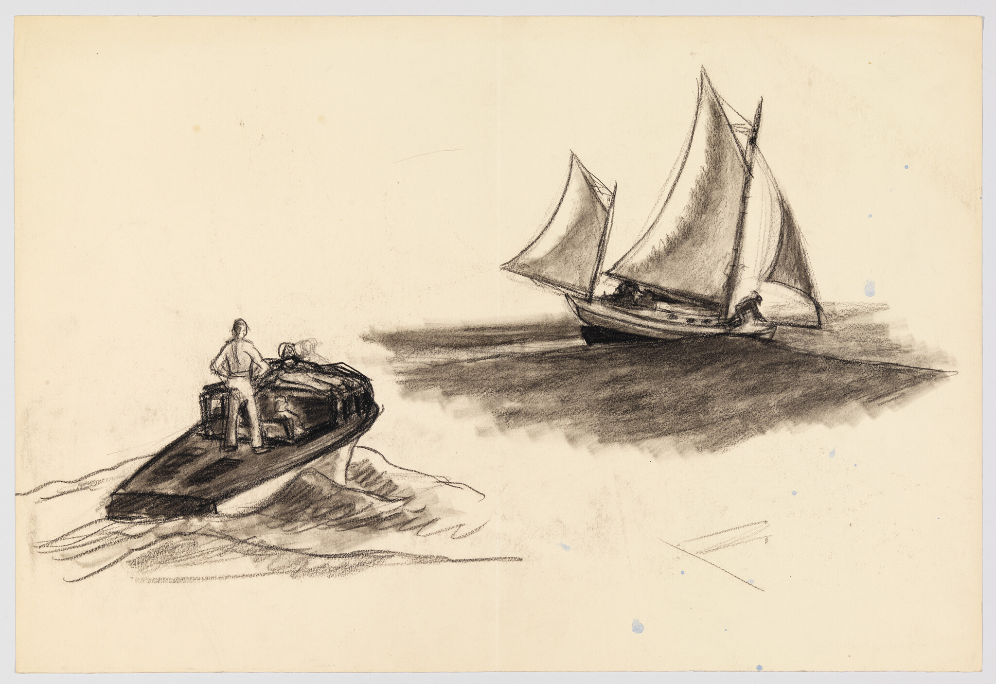 A sketch shows a small motorboat with a standing figure approaching a two-masted sailboat.